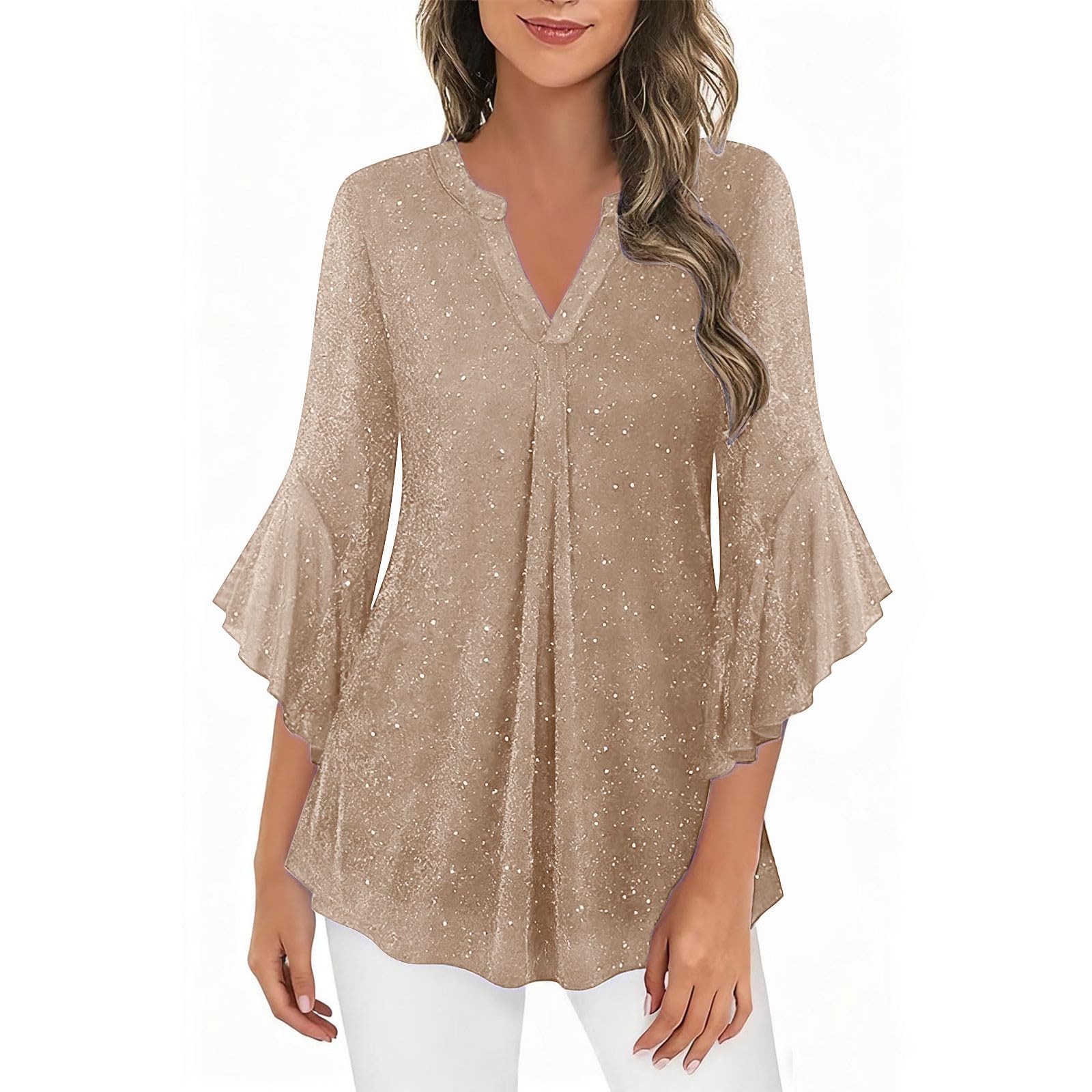 Blusa para mujer, manga 3/4, elegante, estampado dorado, túnica brillante, cuello en V, blusa festiva, monocolor, blusa para mujer, brillante, atuendo de fiesta