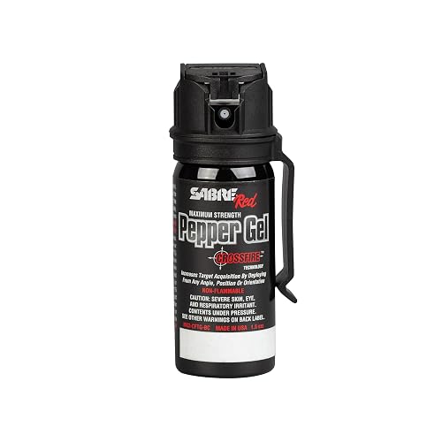 SABRE Crossfire Pepper Gel - 360° Spray for Defense at Any Angle, Maximum Strength Police-Grade OC Pepper Spray with UV Marking Dye, 20‑Foot Tactical Range, Fast Flip Top Safety, Belt Clip, 1.5 fl oz