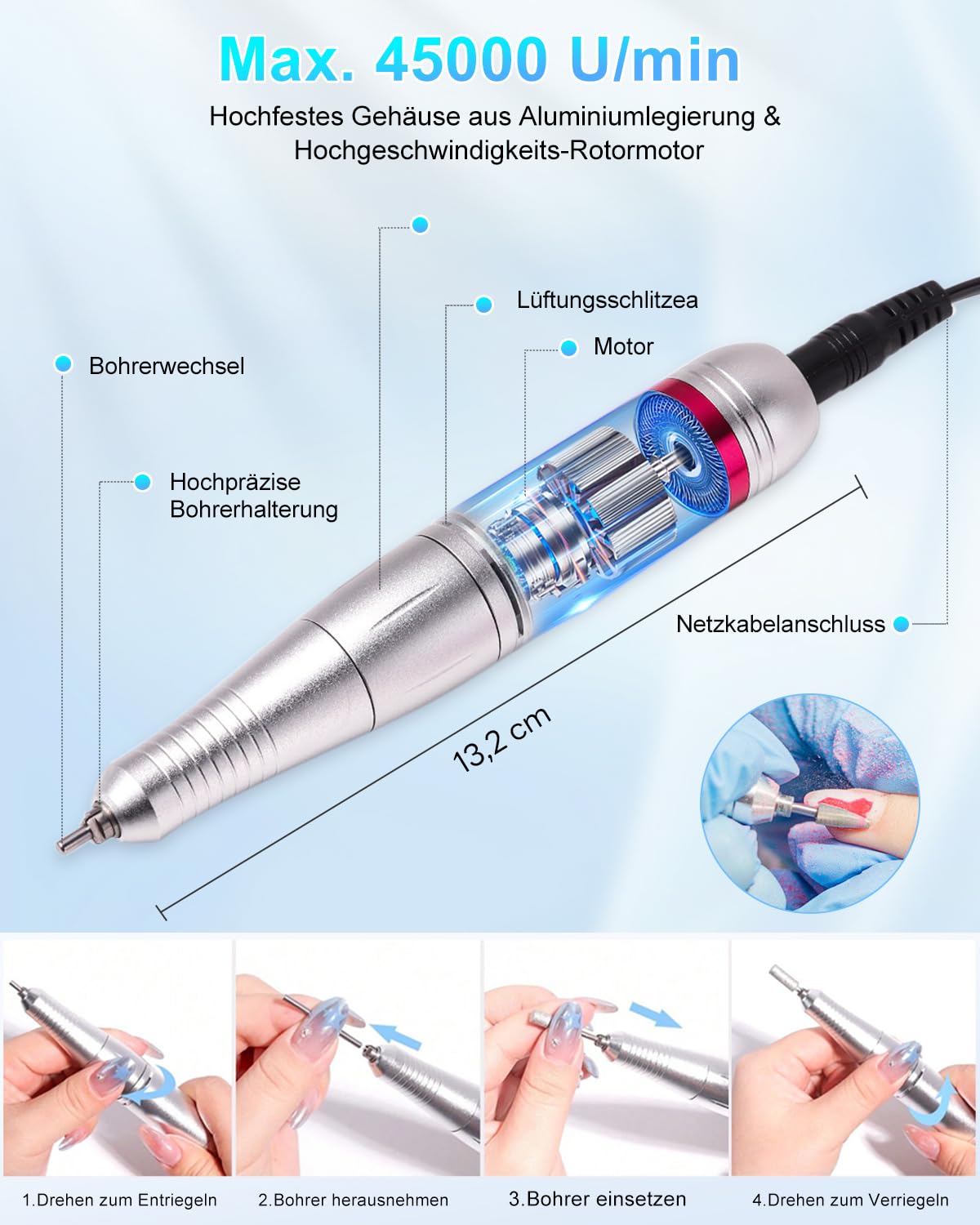 CozyZen Elektrische Nagelfräse Professional, 45000 U/min mit LCD-Display | Hand- & Fußsteuerung, leise, für Acryl- und Gelnägel, Maniküre & Pediküre, ideal für Salon und Zuhause