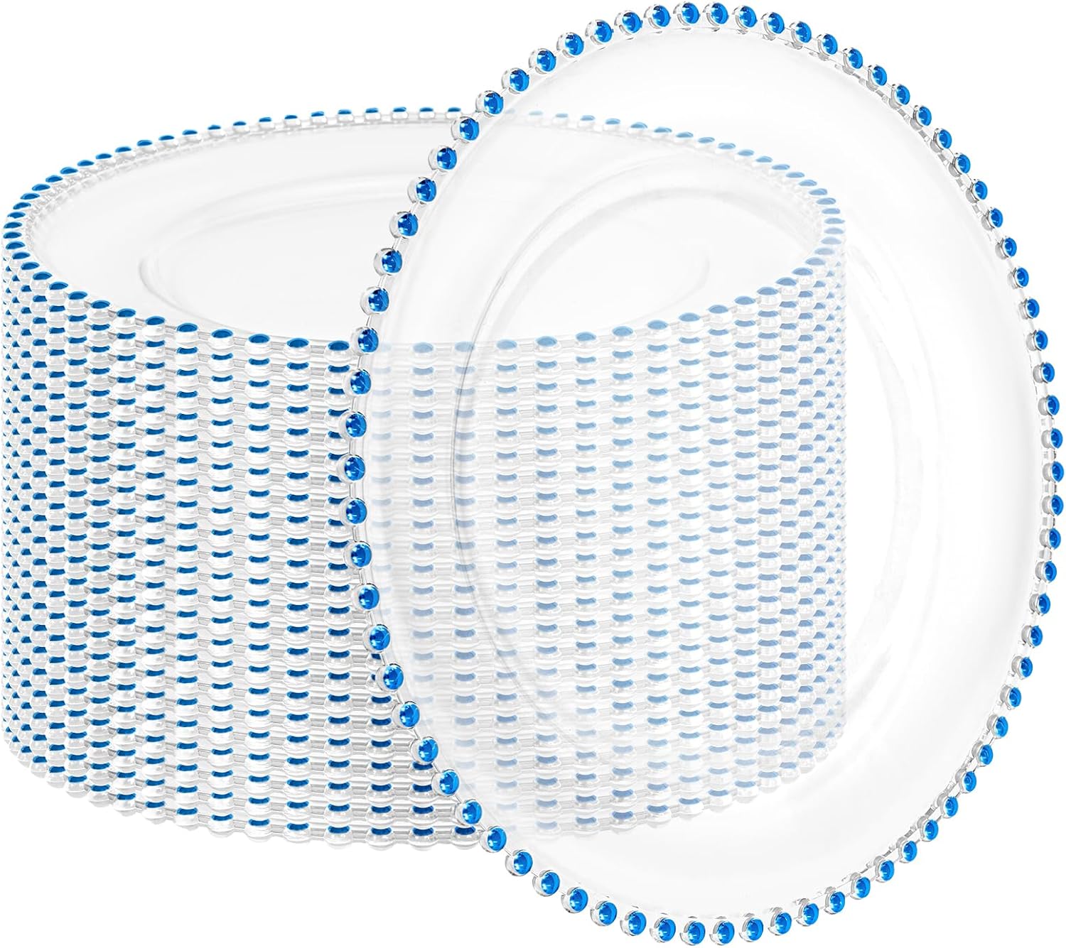 24 Pack Clear Charger Plates with Beaded Rim, 13 Inch Plastic Chargers for Dinner Plates Acrylic Round Tabletop Decoration for Home Kitchen Catering Wedding Table Event Party Dinner (Blue) 24 pack Blue Beaded