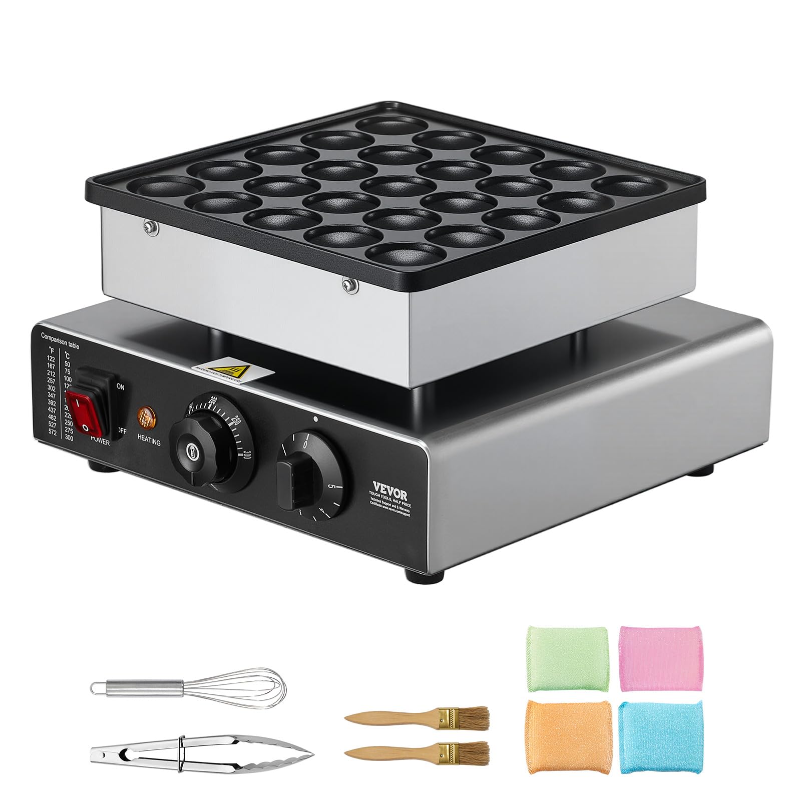 VEVOR Mini Crêpière Électrique, Appareil à Pancakes Capacité 25PCS de 43 mm de Diamètre, Machine à Poffertjes Dorayaki Grille Antiadhésive en Inox, Contrôle de la Température et du Temps, Cuisine