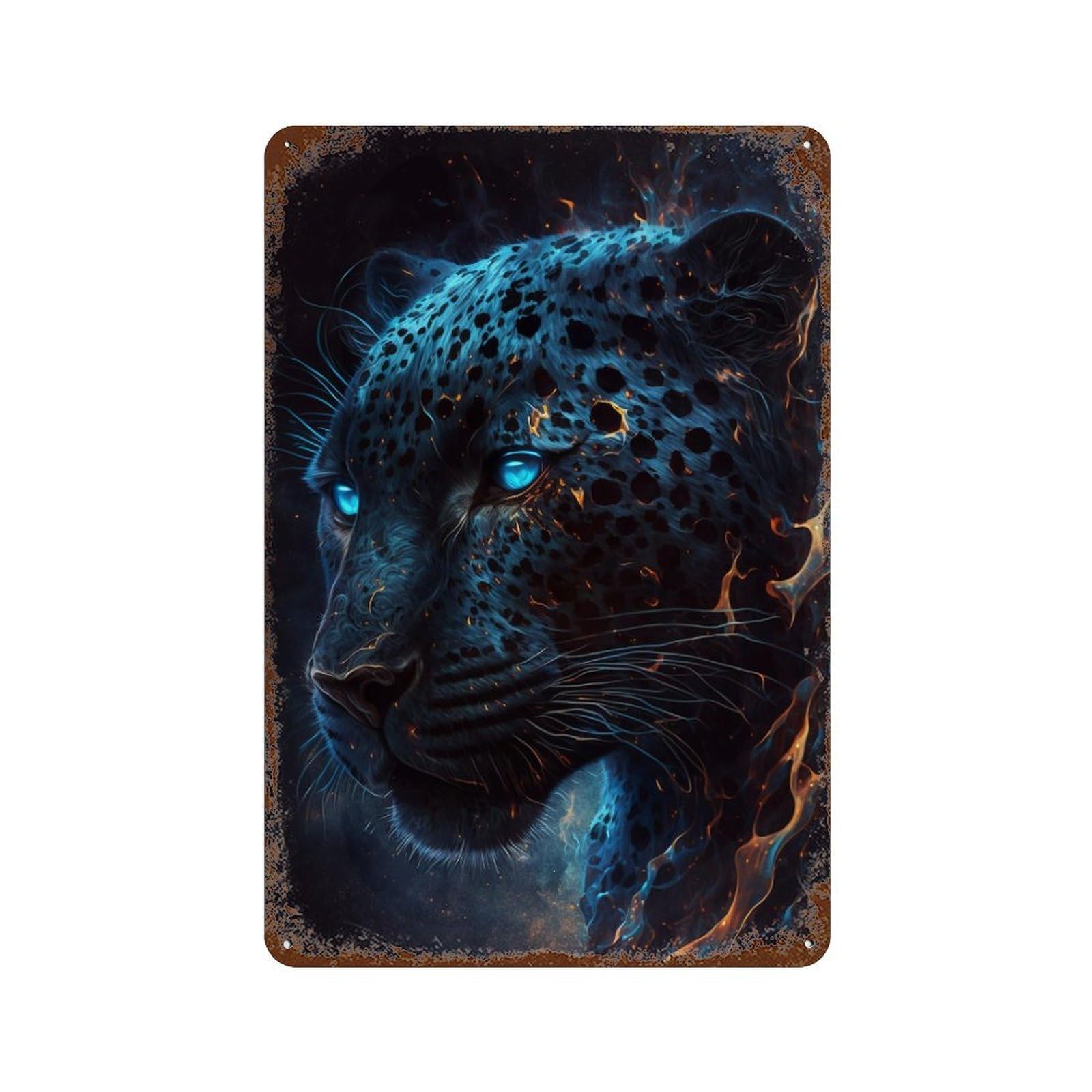 Flaming Leopard Art Print Retro Metal Sign 11.8"x7.9", Shabby Chic Decor for Bistro, Counter And Cafe Decor