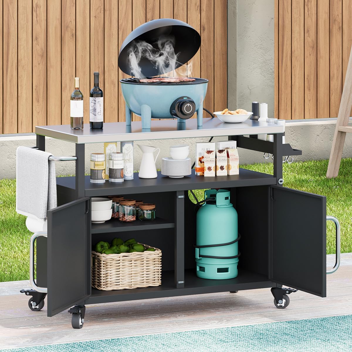 Outdoor Kitchen Island with Stainless Steel Top, Metal Grill Table with Storage, Rolling Storage Island, Kitchen Cart on Wheels, 54 Inch Width (Black)