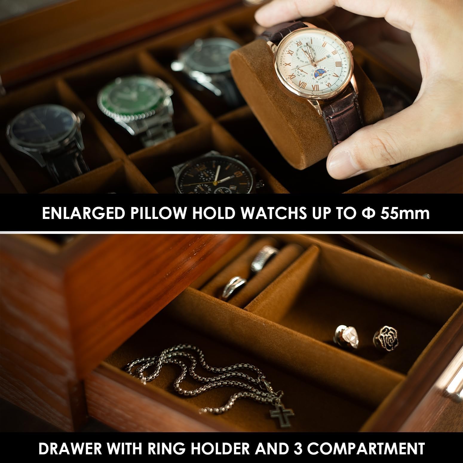 Slege Porta Orologi in Legno a 8 Posti,Scatola Portaorologi a 2 Livelli,Fatto Mano Elegante Scatola per Orologi,Coperchio in Vetro,Fodera Morbida,Cuscini Rimovibili,Regalo per Uomini e Donne,Watch Box