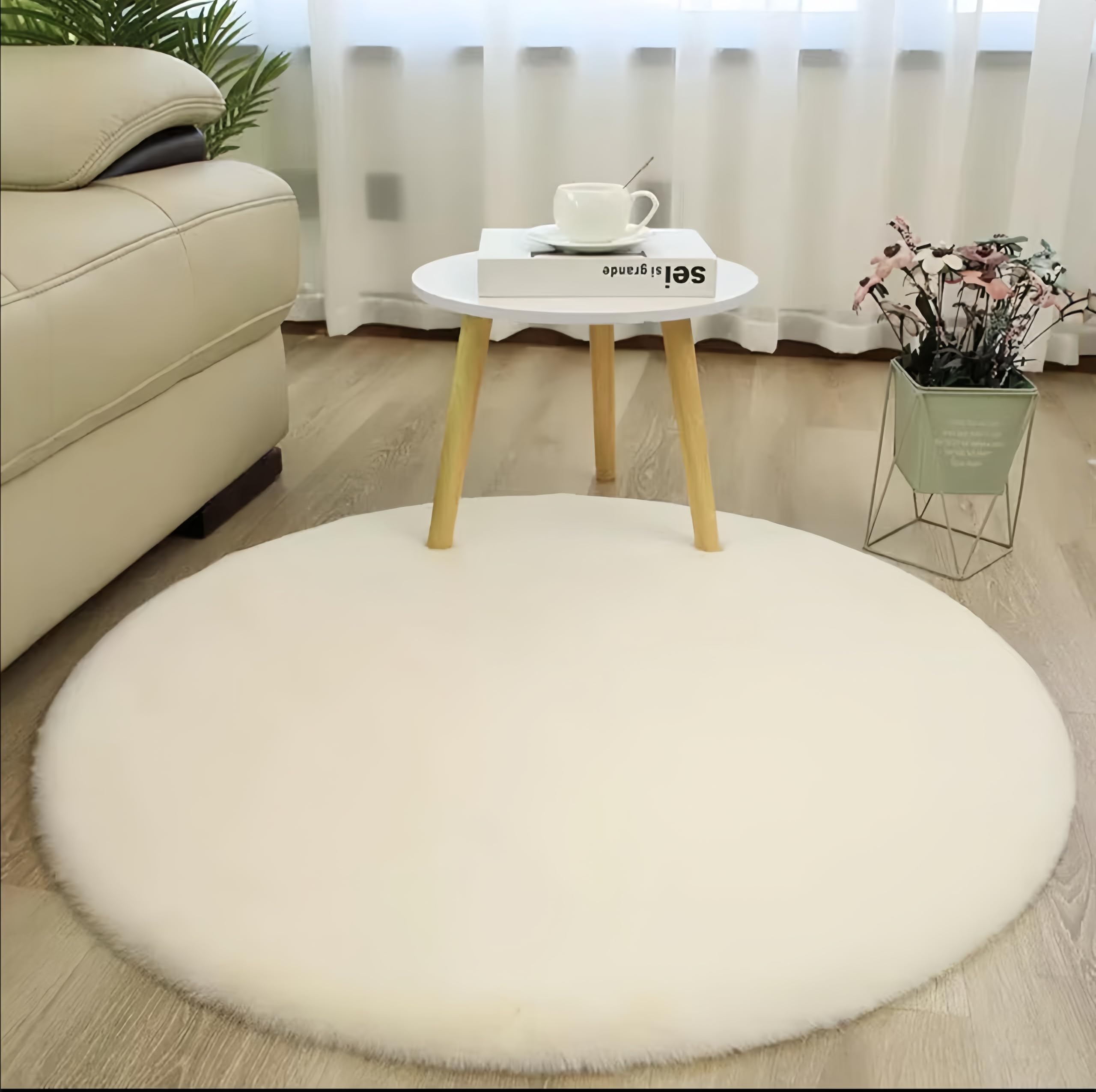 Wuyue Hua Round Area Rugs Fluffy Bedroom Rug Shaggy Bedroom Bedside Household Carpet Soft Modern Plush Carpets Suitable for Home Decor(Round, off white, diameter 80cm)