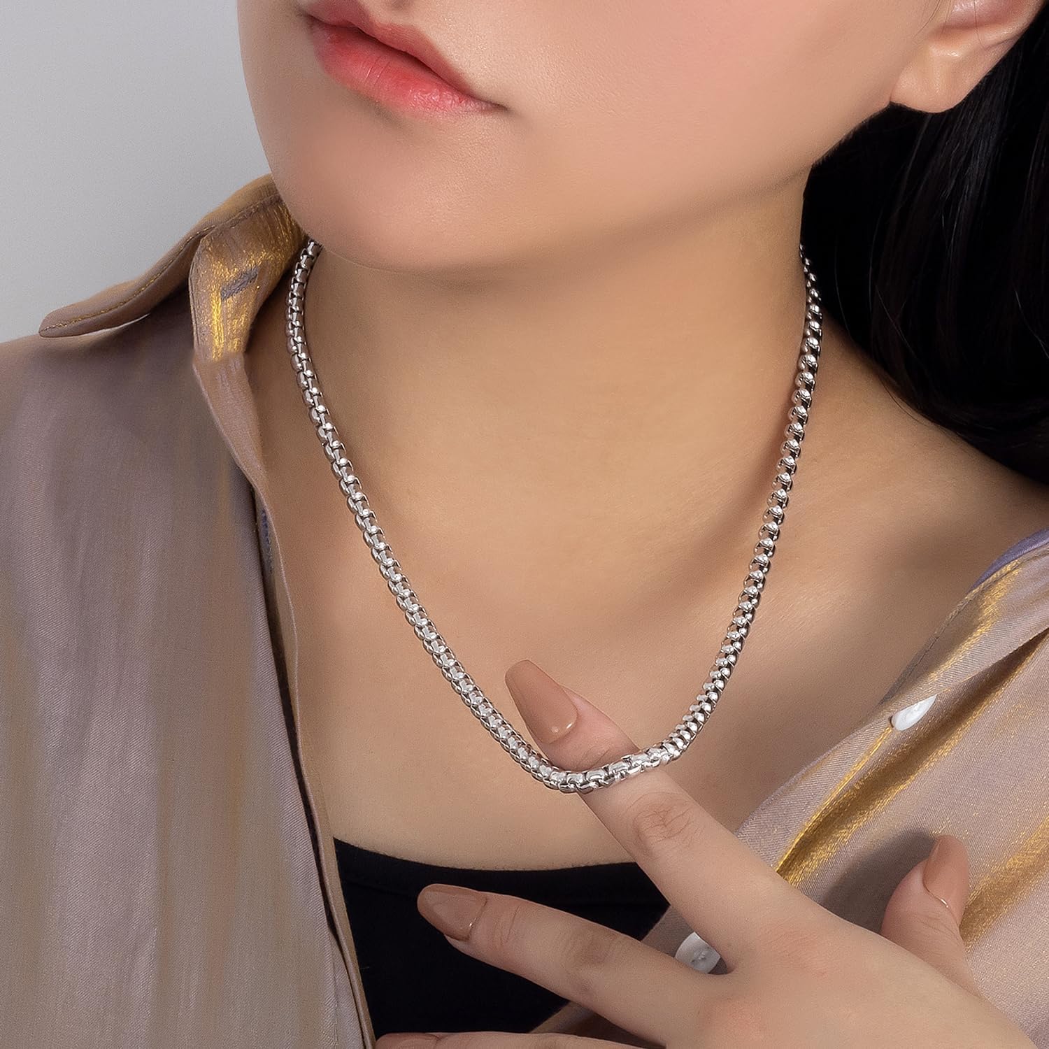 Dankadi Men 925 Sterling Silver 5MM Square Rolo Link Necklace Women Round Box Chain 16" 18" 20" 22" 24" 26" 28" 30" 38" Choker Unisex Jewelry Gift (Silver, 24 inch) - Image 4