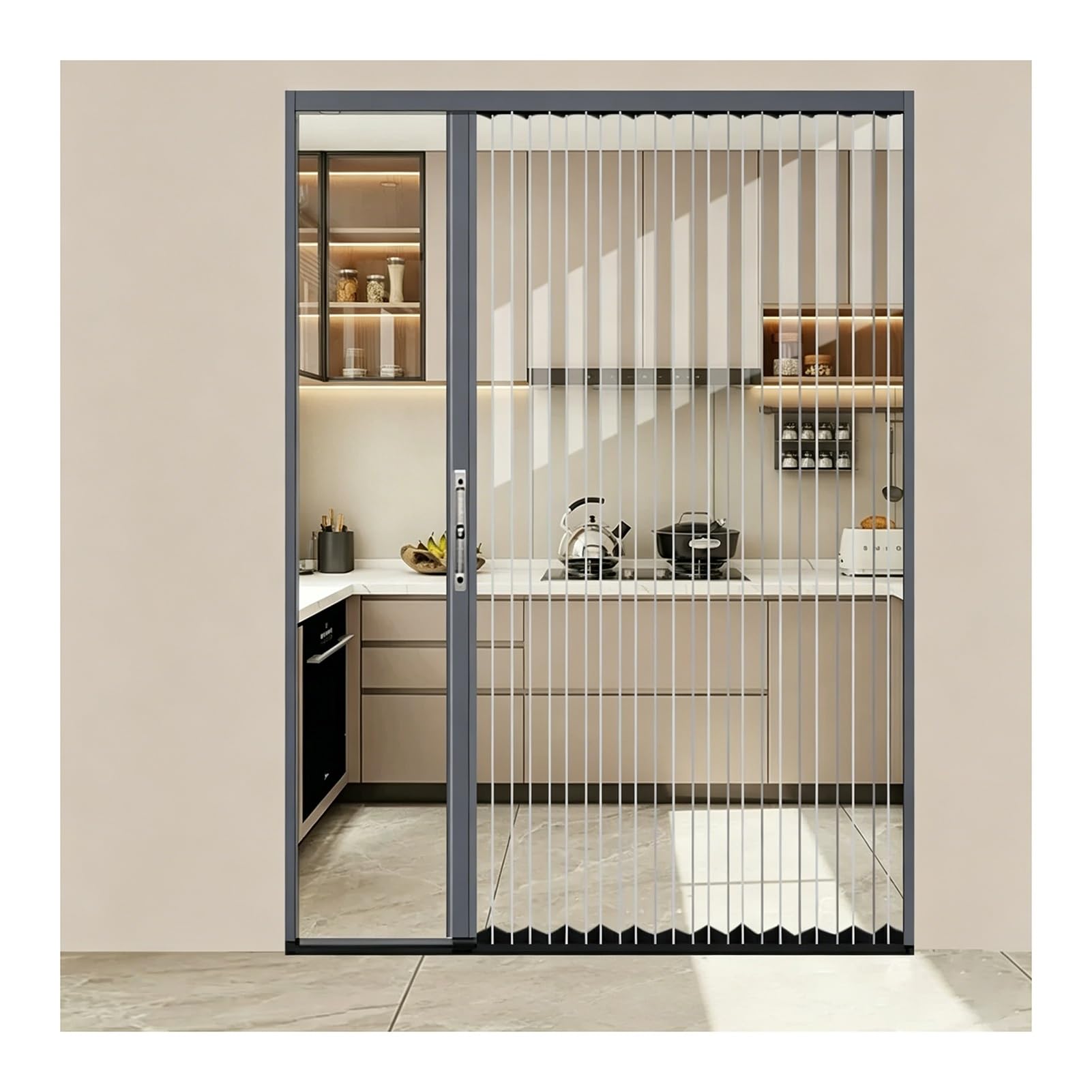 Kphymod Grey Custom Clear Pc Room Divider Accordion Folding Door, Renter Safe No Drill Aluminum Partition With Key Lock For Apartment Rental House(,92.6X210cm)