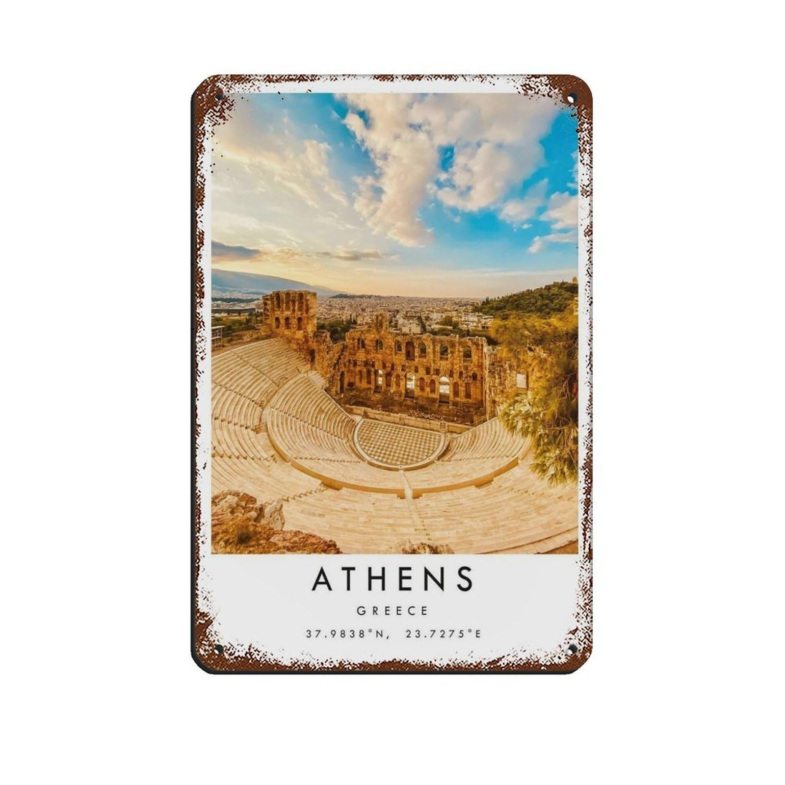 Athens Travel, Athens Poster Tin Sign Vintage Metal Pub Club Cafe Bar Home Wall Art Decoration Poster Retro 8x12inch(20x30cm)
