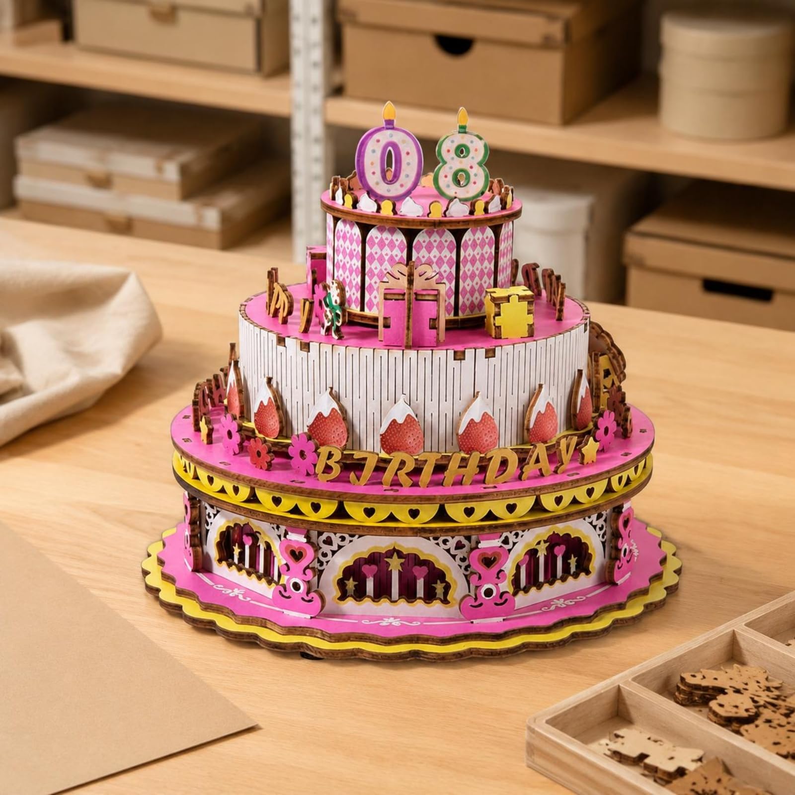 Rompecabezas de Madera Infantil Caja de Música Pastel Juego Didáctico Manualidad DIY Construcción Manual Exhibición Bonita Adecuado para Cumpleaños Fiestas Regalo Actividades en Casa, Rosa
