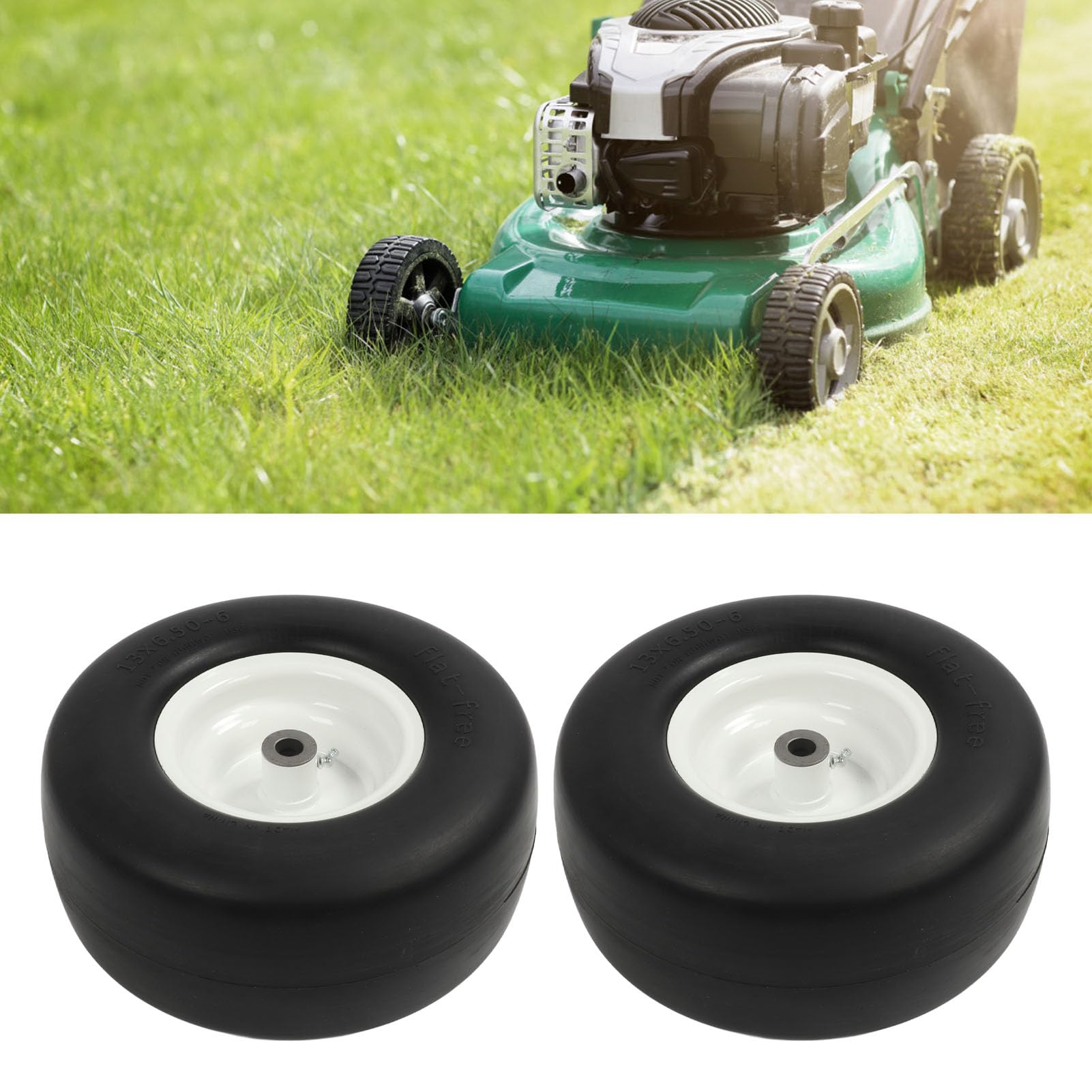 2 Neumáticos de Cortacésped de 13 X 6,50 6, sin Pinchazos, Repuesto de Rueda de Tractor de Hierro Sólido de PU con Bujes Blancos, para Monociclo de Bricolaje, Coches y