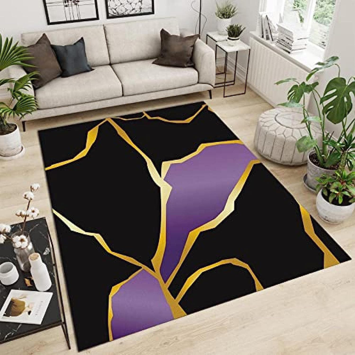 3D Printing Nursery Rug Machine Washable Rug - Black Purple Irregular Graffiti Art Gold Line 60 X 90 Cm Polyester Material - Easy Clean - For Bedroom Hall Kitchen Living Room Kids Room Doorm -8P8B-E7H