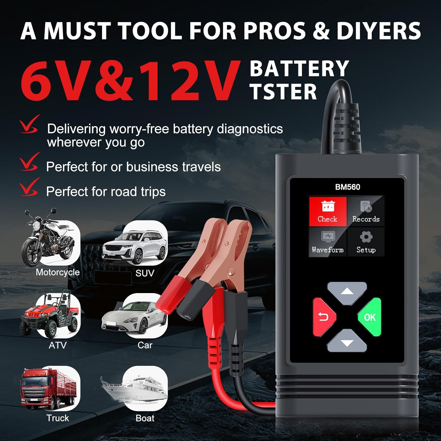 Car Battery Testers 6V 12V BM560 Battery Load Tester, ELMCONFIG 100-2000 CCA Automotive Battery Alternator Battery Analyzer for Truck Motorcycle SUV Boat