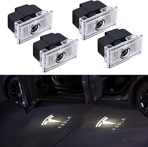 4 unidades para Tesla - Proyector de logotipo para puerta de automóvil, luces de charco, luces de paso de bienvenida láser 3D, luces de sombra