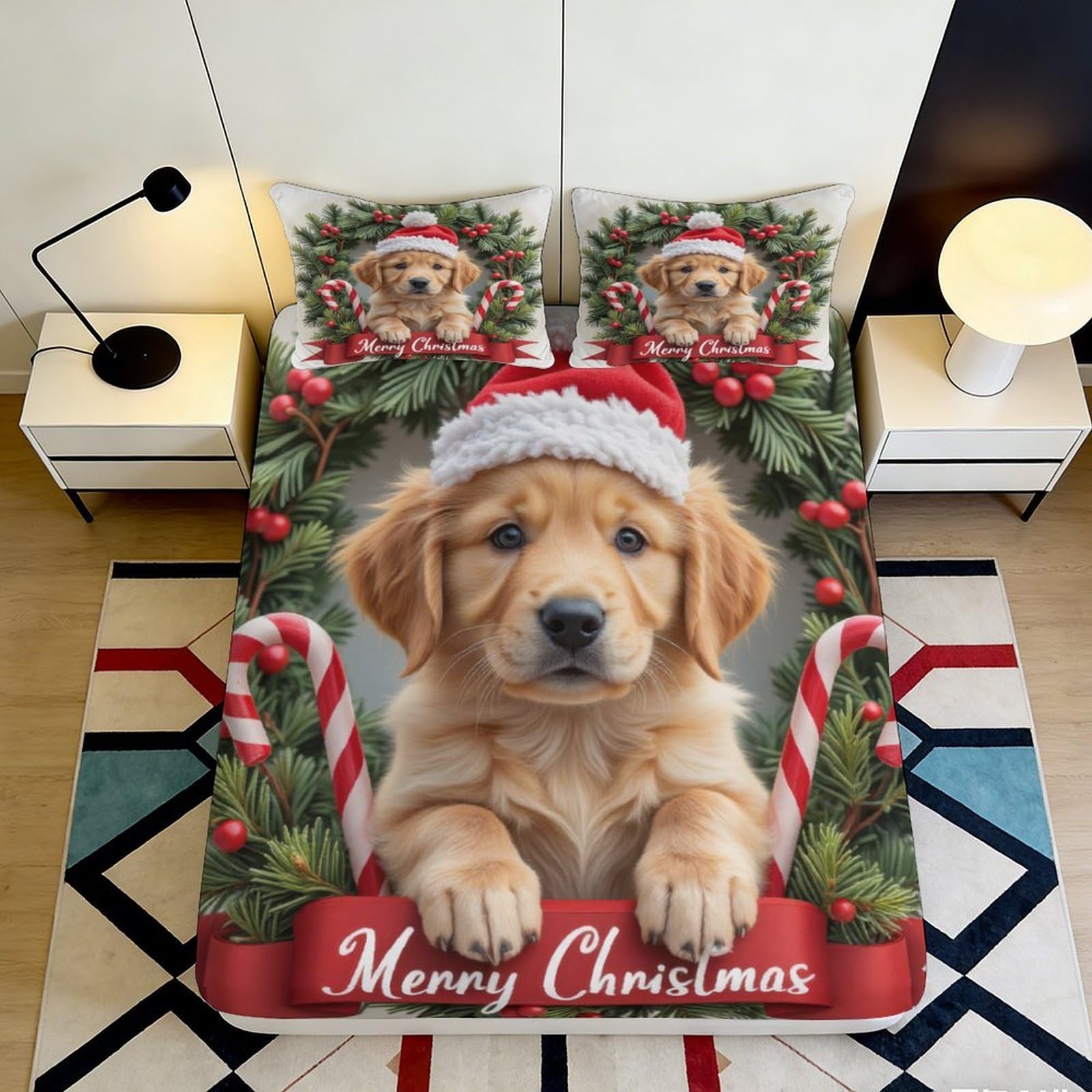 Pnayamiorkfel Style-5 3D Printed Christmas Puppy Fitted Sheet Microfiber Soft Breathable Candy Cane Bed Cover For Bedroom Guest Room Decor 90X200x25cm