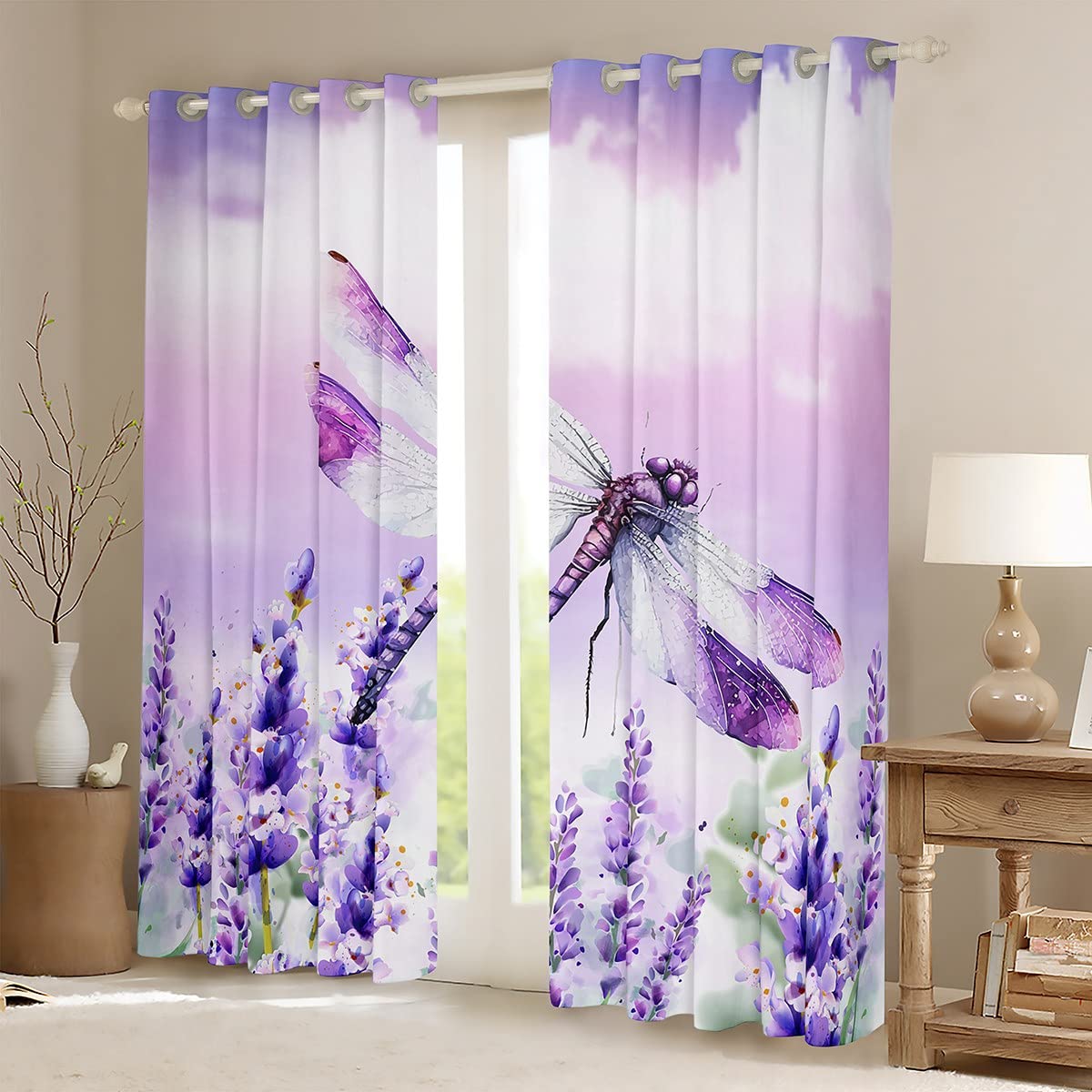 Manfei Dragonfly Blackout Curtain Lavender Flower Window Drapes for Kids Boys Girls Room Decor Botanical Floral Print Window Treatments Grommet Top 2 Panel Set Bedroom Curtains - Image 2