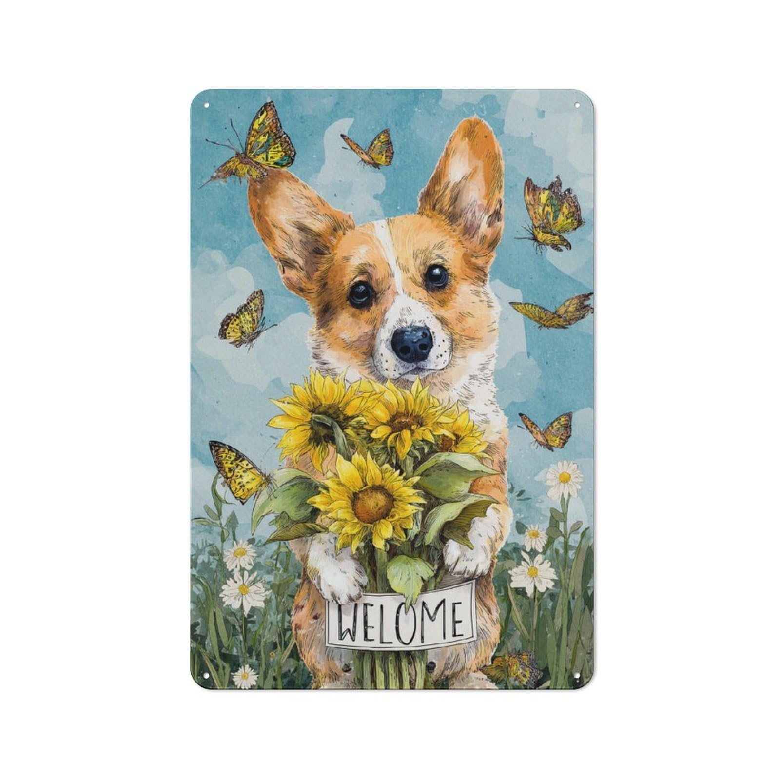 Junmoney Corgi's Welcome Printed Metal Sign 30X20cm For Pub Or Café, With Clear Industrial Wall Decor Character