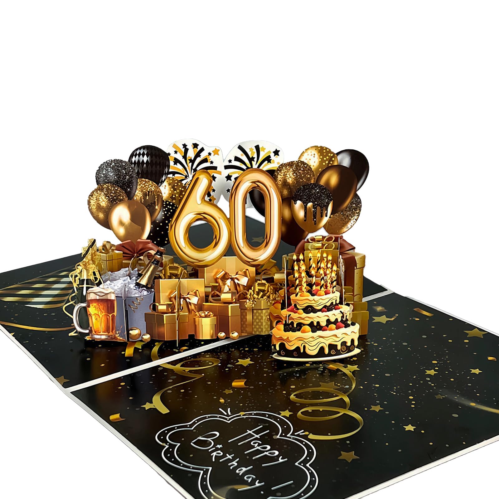 SwammCard 60th Birthday Pop Up Card, Elegant Black Gold 3D Design