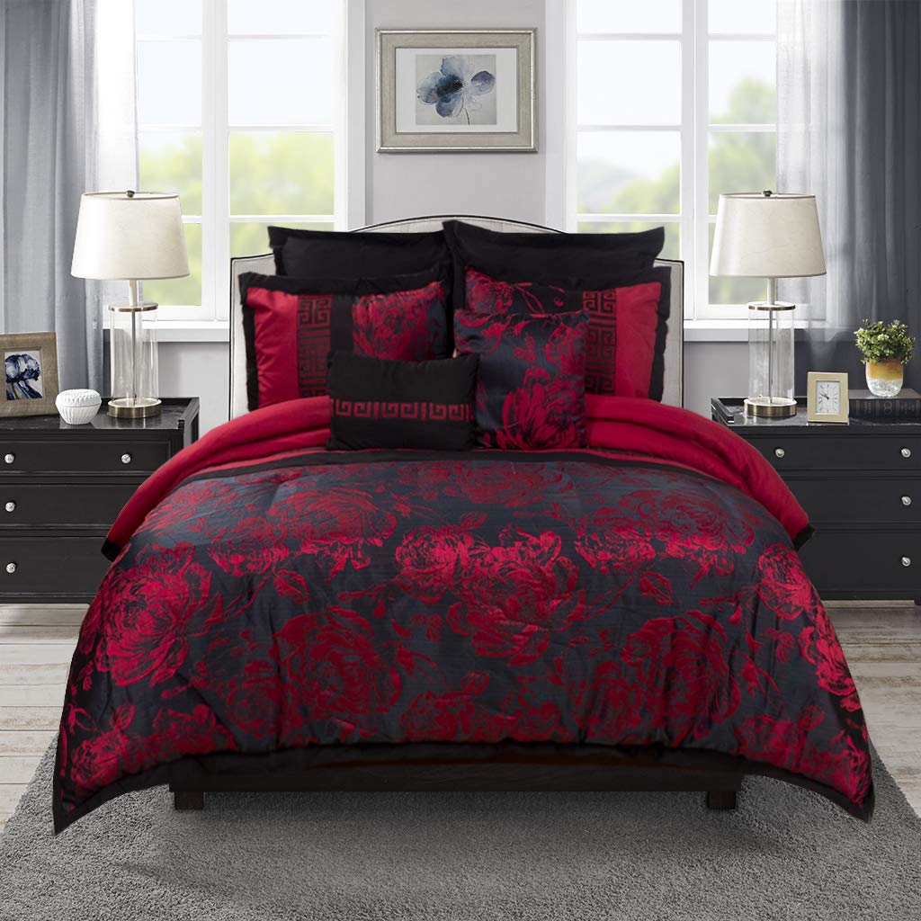 HIGElegant Jacquard Patchwork Comfort Wrinkle Resistant - Ultra Soft Floral Pattern Bed-in-a-Bag 8 Piece Comforter Set - Breathable & Durable - Burgundy Queen Size