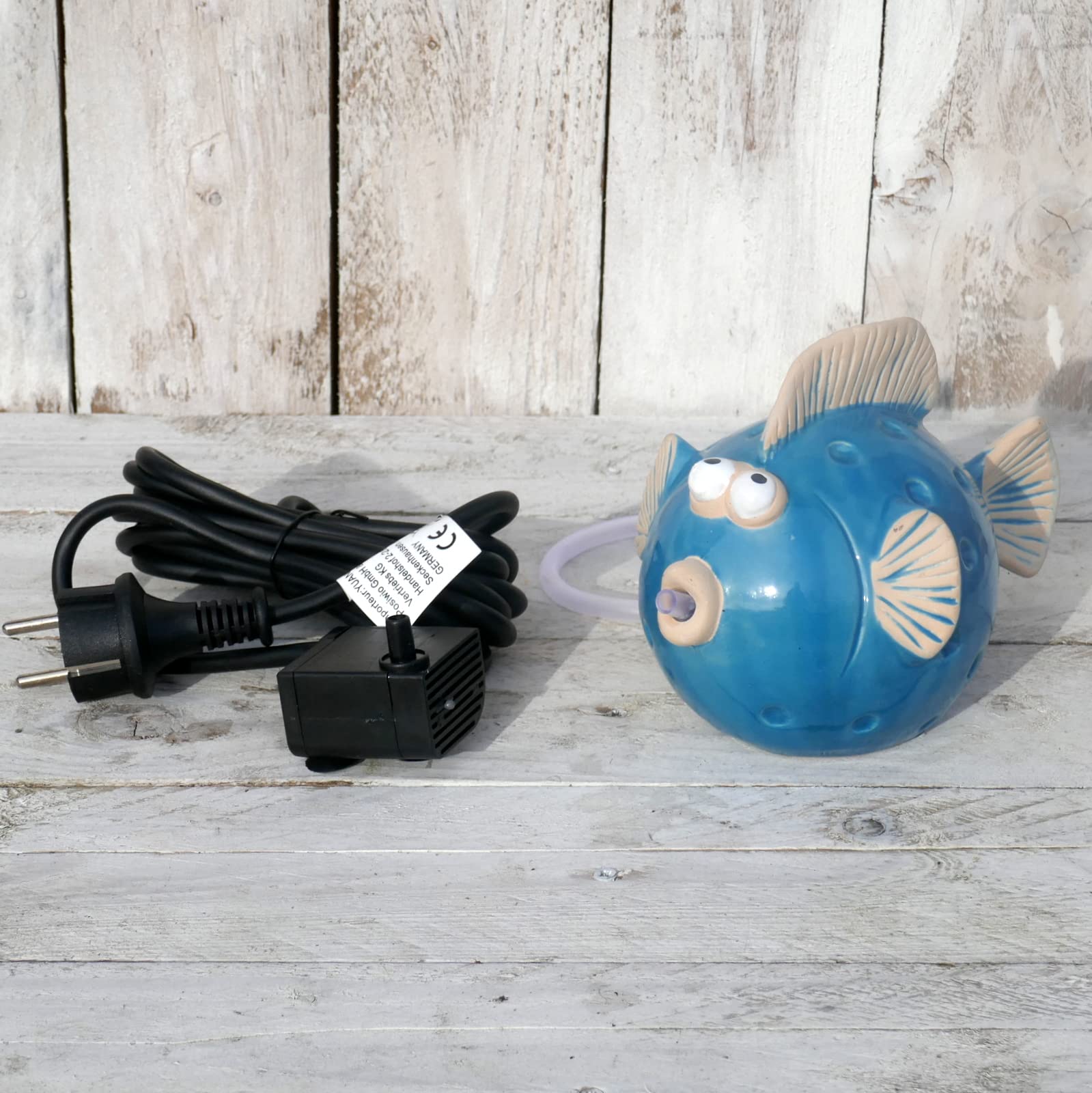 Wasserspeier Fisch blau aus Keramik mit Pumpe 230V 12cm für Miniteich - Balkon und Terrasse