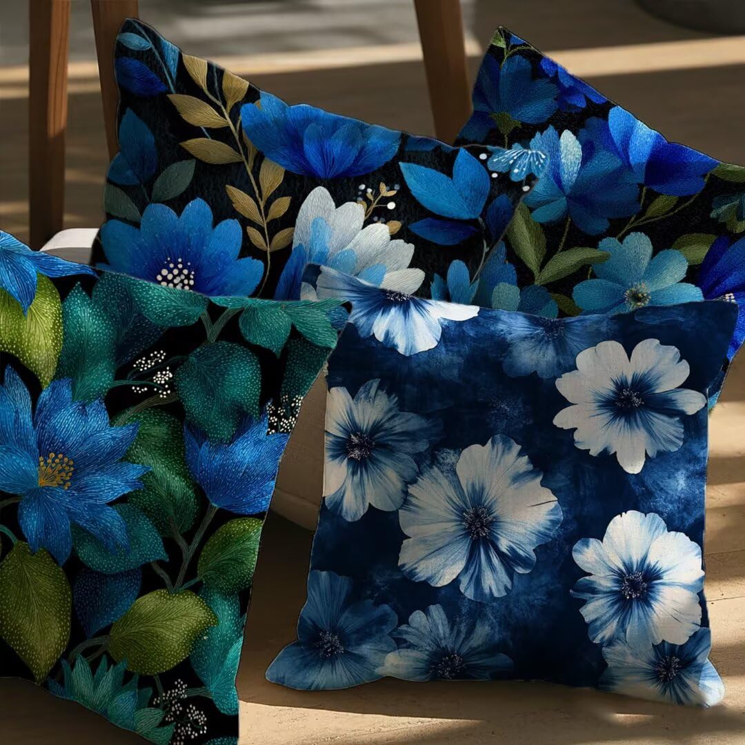 Fundas Cojines 40x40 cm Exterior Cojines Azul Oscuro Fundas de Almohada Juego de 4, Cuadrados Funda Cojin Flor Almohadas con Cremallera Invisible, Sofa Cama Decorativos para Hogar, Jardín, Salón Ym469