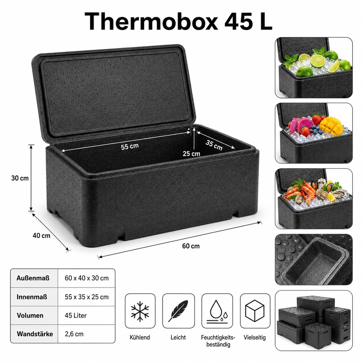 O-Fish Piocelan Thermobox Schwarz mit Deckel Isolierbox Kühlbox Warmhaltebox Transportbox Gastrobox für Lebensmittel Catering Gastronomie Versand Verschiedene