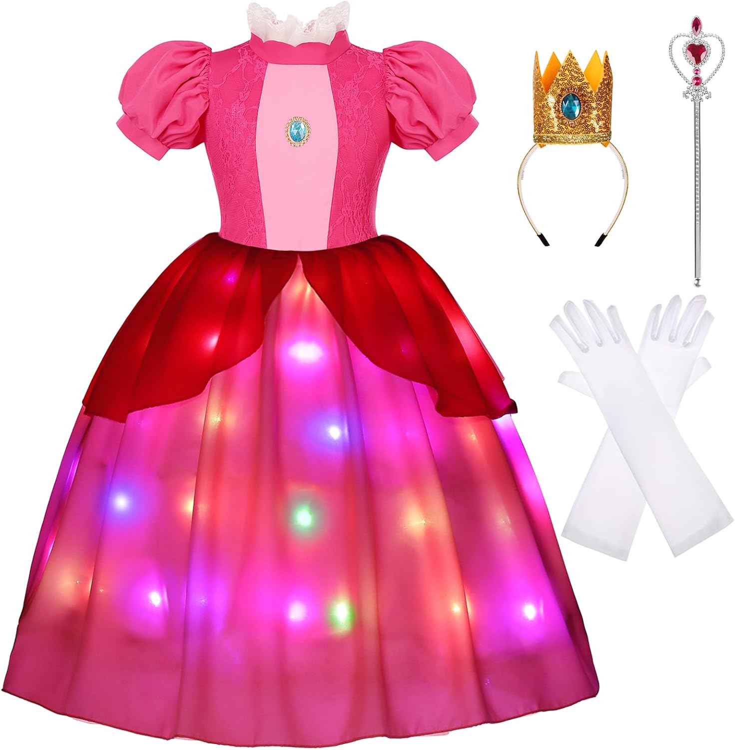 Girls Princess Dress Peach Costume Super Bros Kids LED Light Up Princess Dress for Deluxe Halloween Party Dress Up 7-8Years