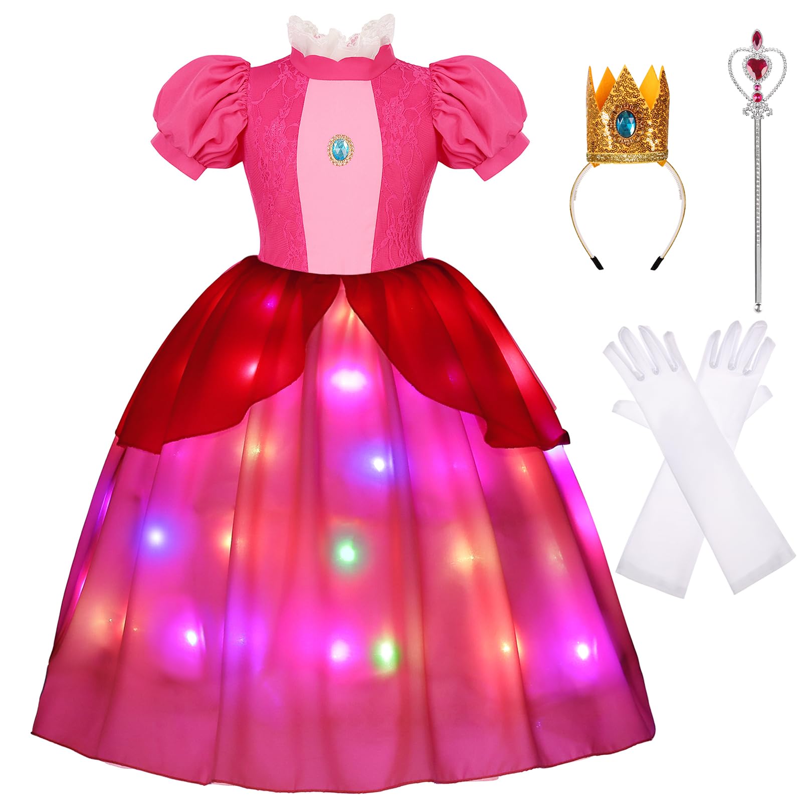 HORTYZON Girls Princess Dress Peach Costume Super Bros Kids LED Light Up Princess Dress for Deluxe Halloween Party Dress Up