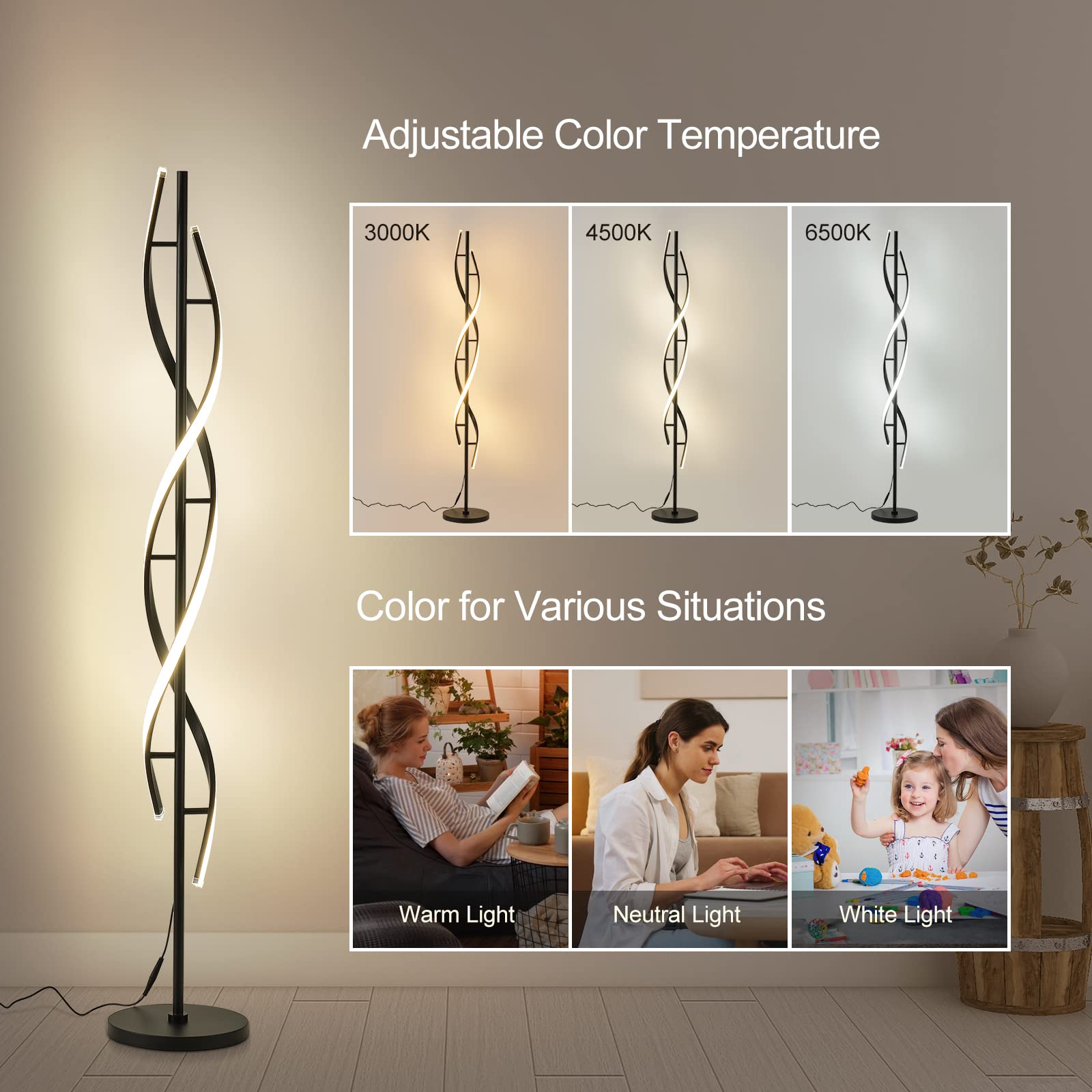 150cm Stehlampe Wohnzimmer LED Stehlampe Dimmbar Schwarz Spiral Stehlampen Mit Fernbedienung Leselampe Stehlampen, Moderner Bodenlampe Für Büro Schlafzimmer Hotel