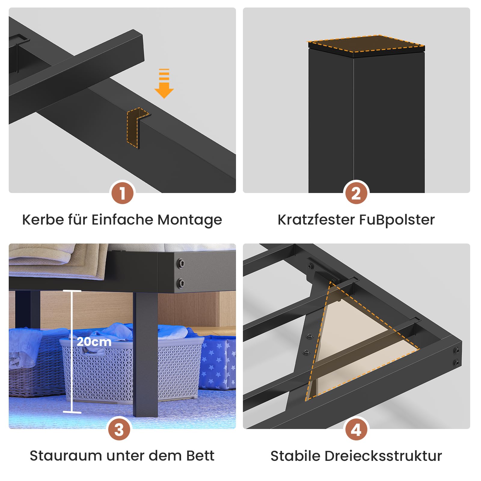 AOGLLATI Bettgestell 140x200 Bett 140x200 aus Metall mit LED Beleuchtung und Ladestation Schwebender Bettrahmen mit Aufbewahrungsregalen Metallbett mit Lattenrost Doppelbett Schwarz (Ohne Matratze)