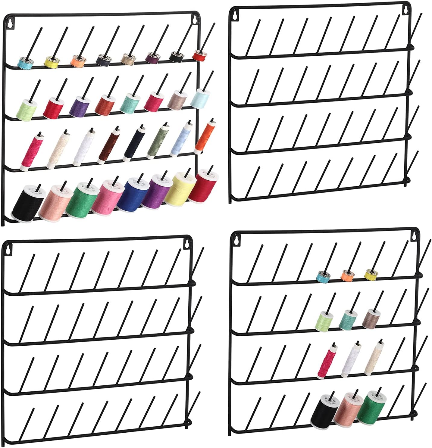 MOOACE 32 Spools Thread Rack 4 Pack, Thread Holder Organizer with Hanging Hooks, Metal Spool Holder for Sewing Craft Room, Embroidery Thread, Black