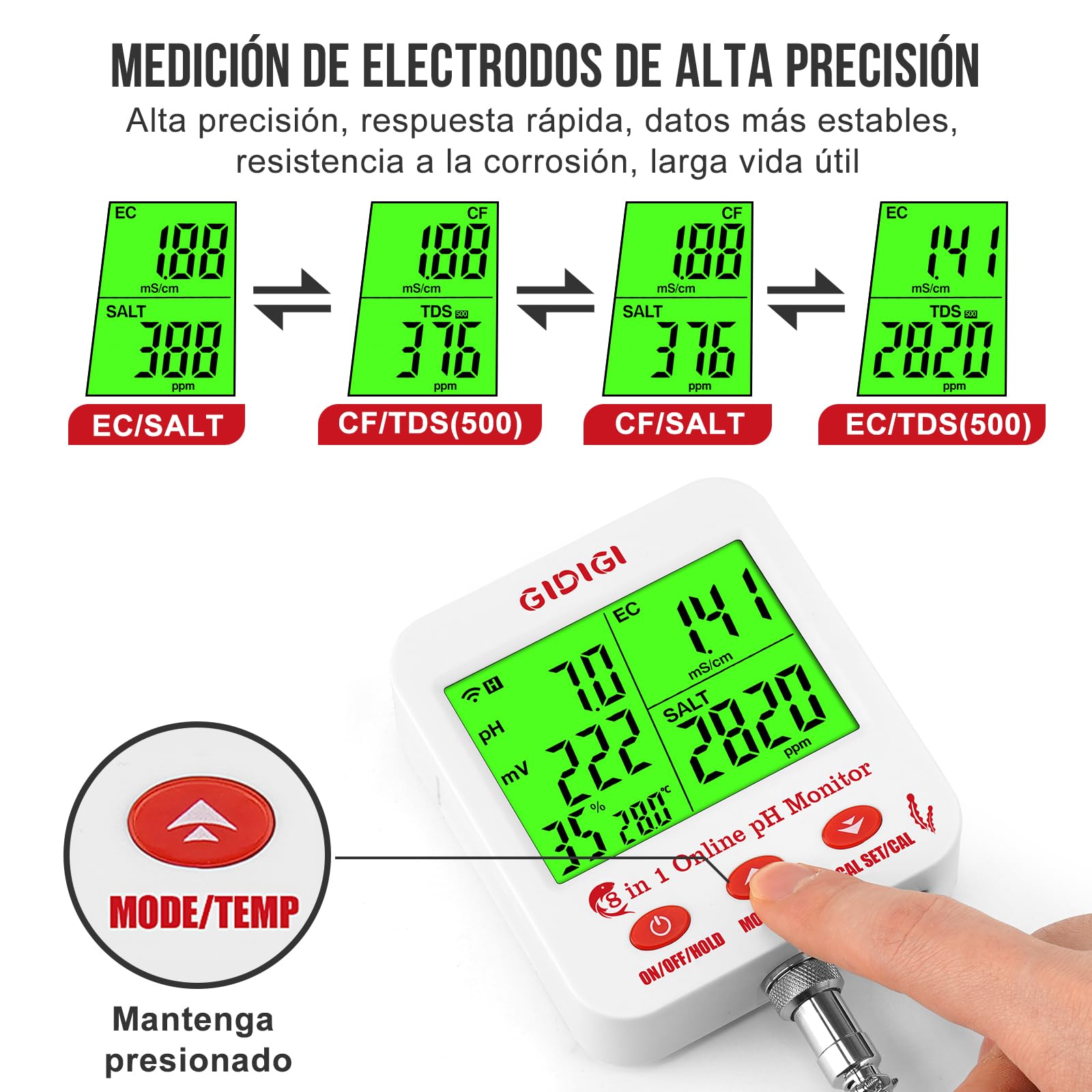 Monitor pH Acuario, Medidor pH y EC Continuo Hidroponia con Wifi, La Pantalla Grande Puede Mostrar Múltiples Parámetros Simultáneamente, 8 en 1 pH EC PPM ORP Sal y Humedad para Acuario, Hidroponia
