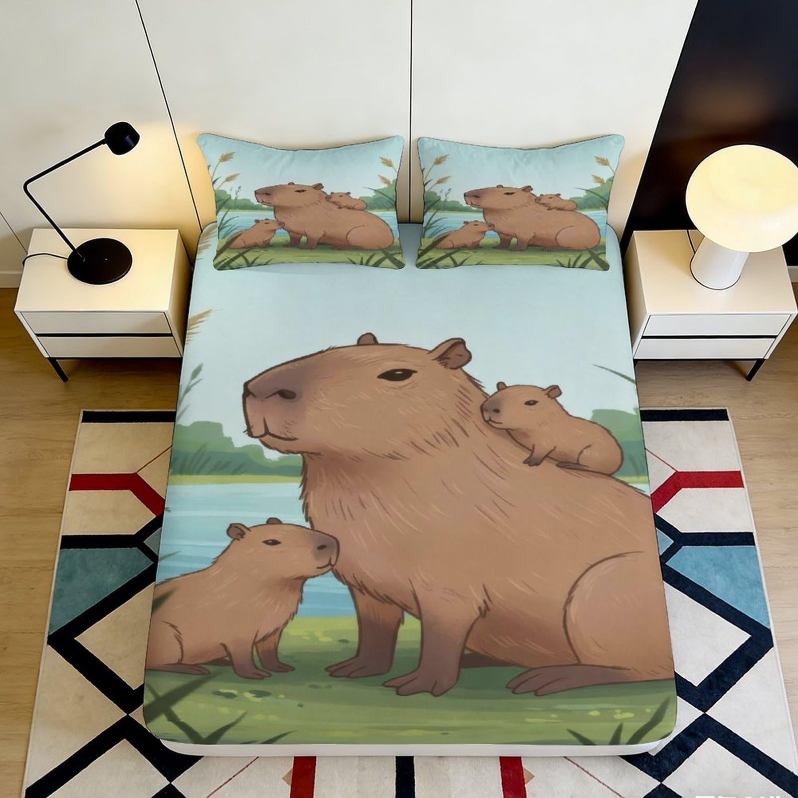 3D Printed Capybara Family Fitted Sheet Microfiber Soft Breathable Lake Meadow Mattress Cover for Bedroom Dorm Bed Decor 160x200x25cm