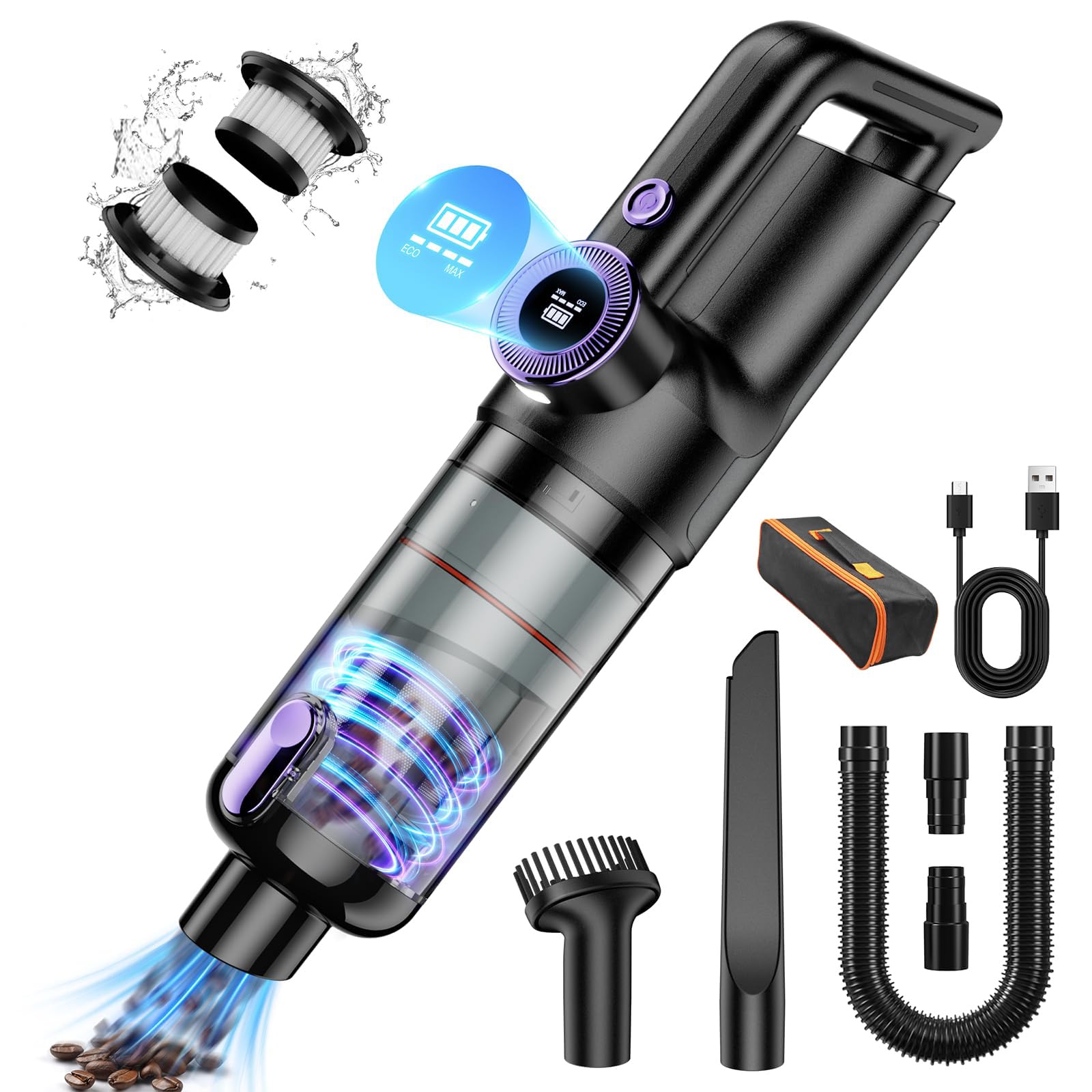 JoyFanBattery Handheld Vacuum Cleaner, 20000 Pa USB Rechargeable Portable Lightweight Mini Vacuum Cleaner, 6000 mAh Car Vacuum Cleaner with 2 HEPA Filters, Wet & Dry Handheld Vacuum Cleaner, for Car