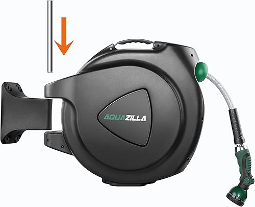 Miniatura 5 de Carrete de manguera de jardín retráctil, carrete de manguera de agua duradero montado en la pared de 65 pies + 6 pies 58 pulgadas con soporte