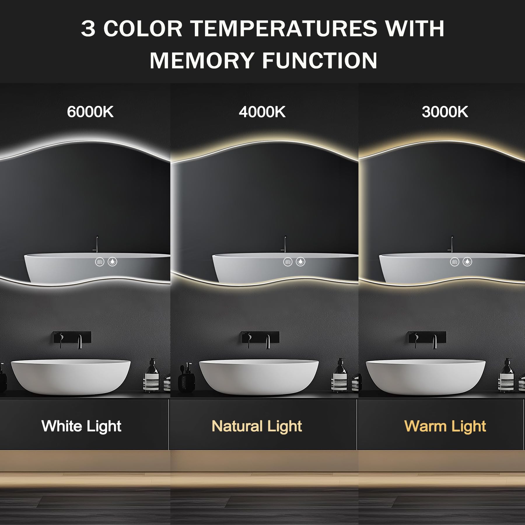 Asymétrique Miroir Salle de Bain avec Eclairage, 120×60cm LED Miroir Lumineux Mural avec lumière réglable 3 Couleurs, Dimmable, Anti-buée, Mémoire, Grand Miroirs Connecté Decoration, IP54