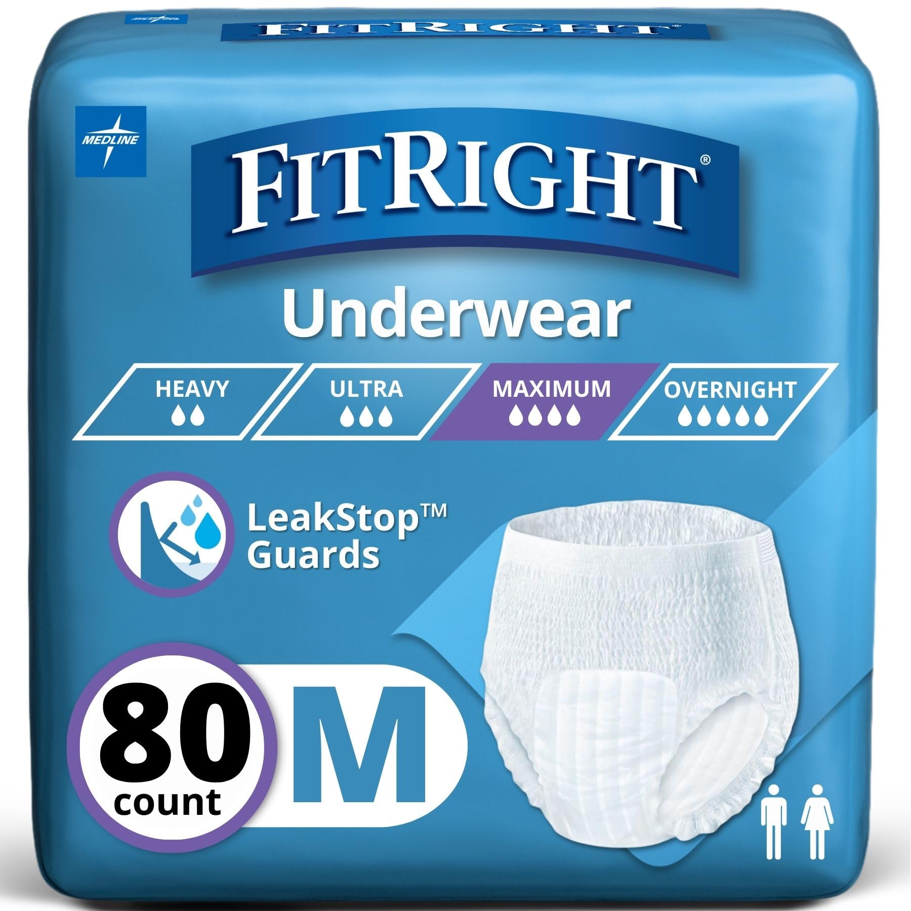 Photo 1 of Medline FitRight Super Adult Incontinence Underwear, Maximum Absorbency, Medium, 28-40, 4 Packs of 20 (80 Total)