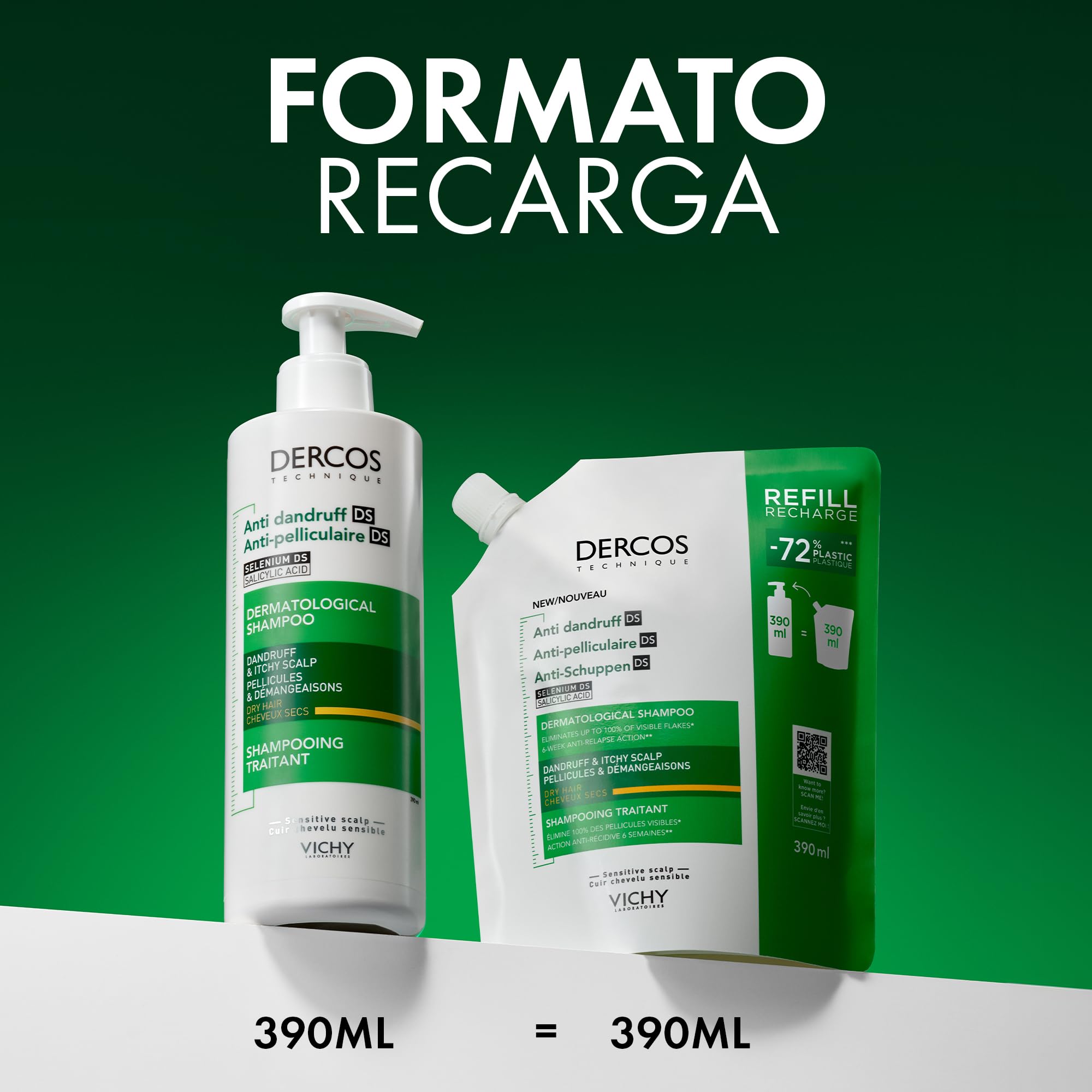 Vichy Dercos Eco-Ricarica Shampoo Anti-Forfora DS per Capelli Secchi, Azione Anti-Prurito e Anti-Ricomparsa, Arricchito Con Selenio, Formato Eco-Ricarica, 390 ml