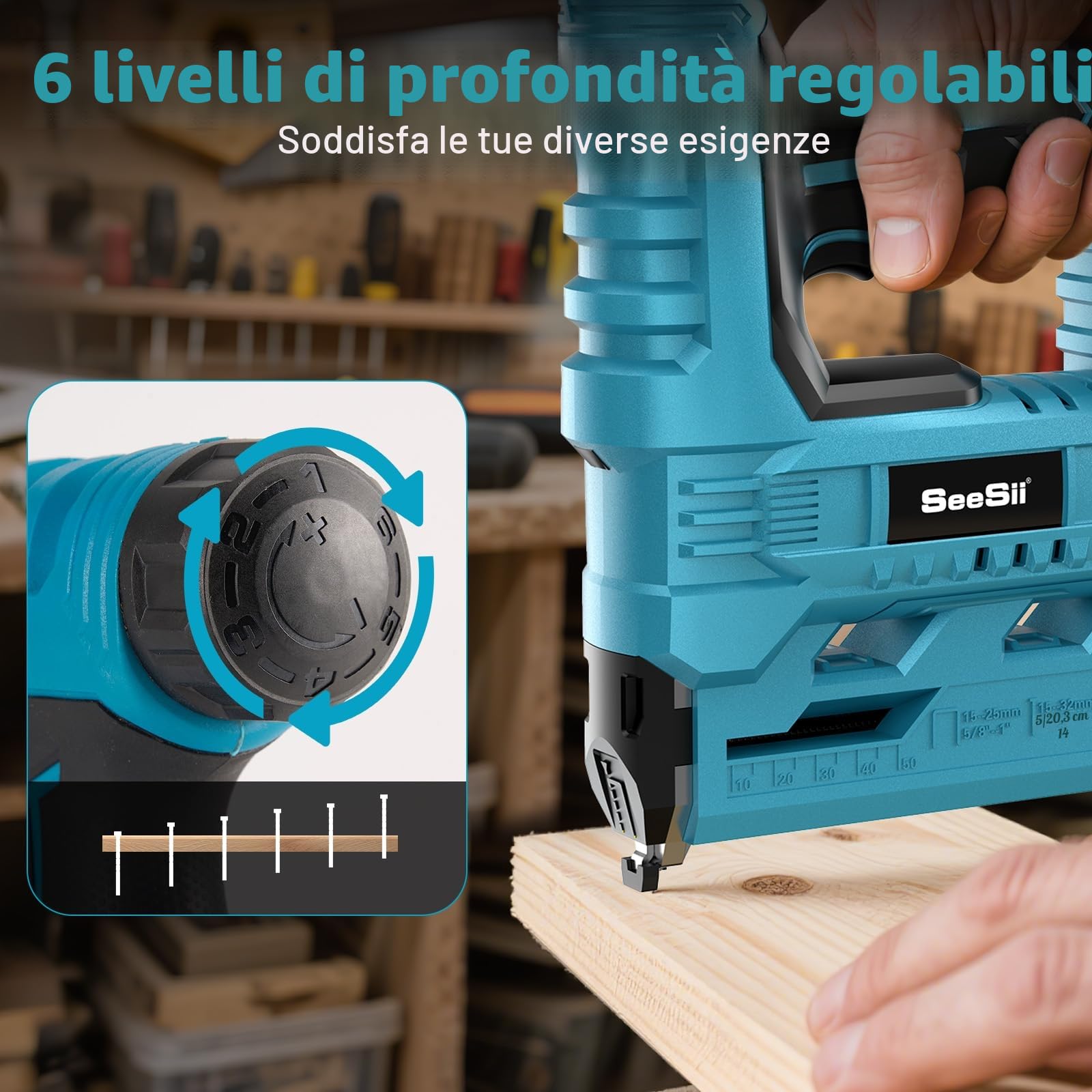 SEESII Chiodatrice Brad a Batteria, Pistola Sparachiodi Elettrica Calibro 18 con 2 Batterie da 2,0Ah e 1000 Pezzi di Chiodi e Graffette, Profondità di Inchiodatura Regolabile