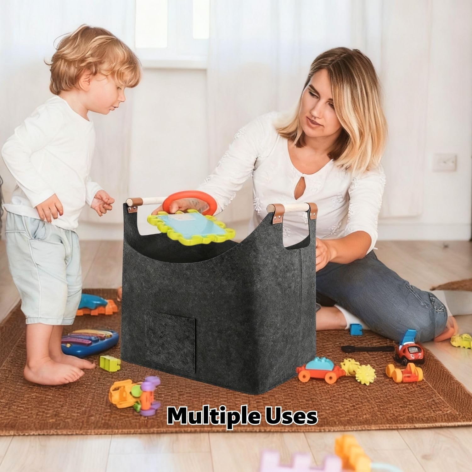 Panier à Bois en Feutre Pliable Gris Foncé avec Poche, Grand pour Intérieur Journaux et Jouets