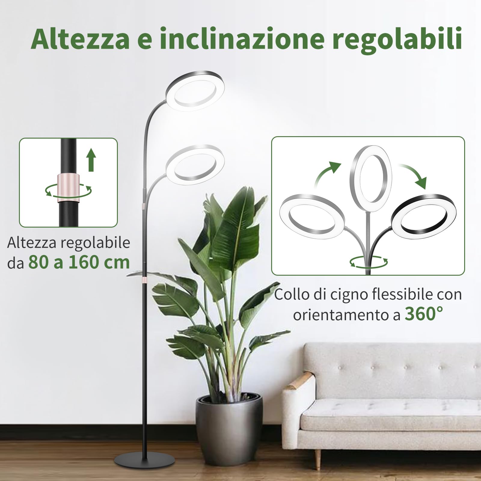 Acelane Lampada per piante LED, luce di crescita a spettro completo con supporto, 3 modalità luce con timer 3/9/12 ore, altezza regolabile 80-160cm, per piante da interno e piante grandi