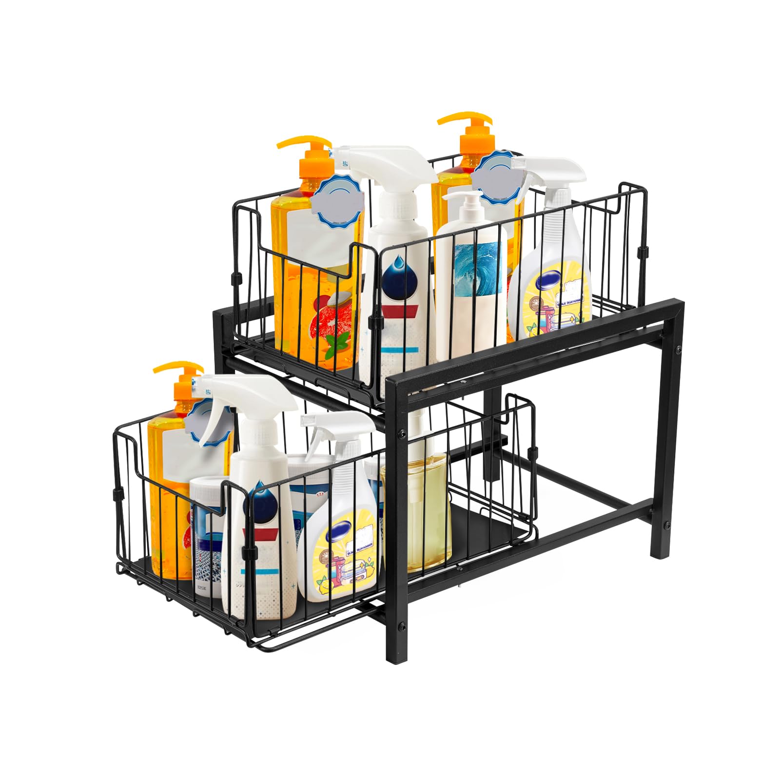 Under Sink Storage Organiser 2 Tier Pull Out Sliding Basket, Metal Under Cupboard Storage Rack, Detachable Kitchen & Bathroom Cabinet Organiser, Space Saving Shelf Unit (Black) — image 1
