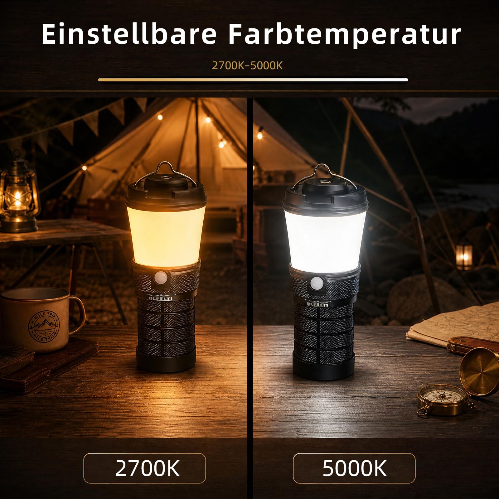 Sofirn LT1 Campinglampe Aufladbar, Outdoor Lampe mit 2700K-5000K einstellbarer Farbtemperatur, IPX7 wasserdicht, 90 CRI, extra lange Laufzeit, USB-C, für Camping und Outdoor
