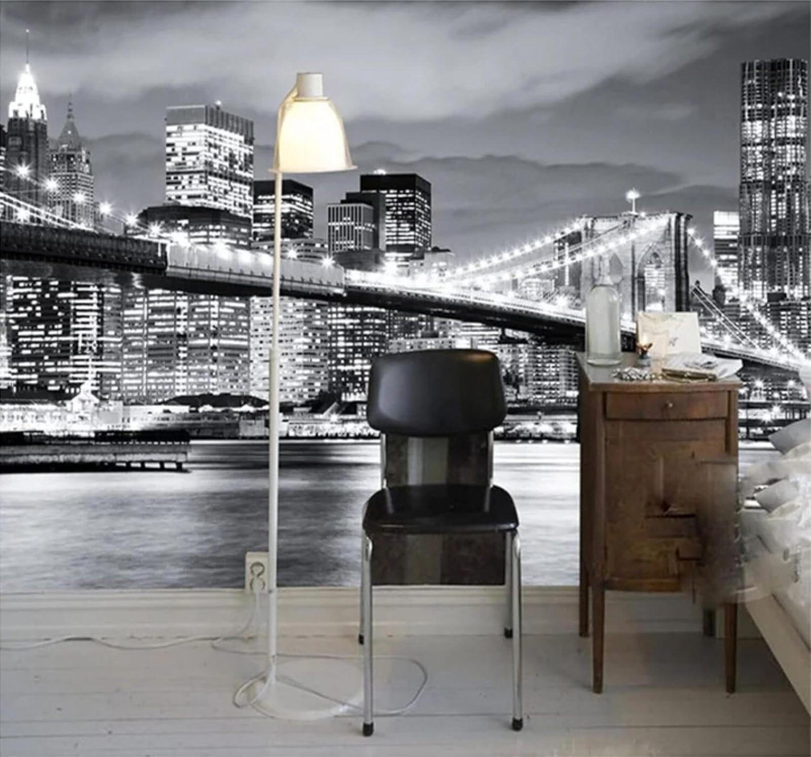 Tzxztt Large Black and White City Architecture Bridge Night View Modern 3D Wallpaper Premium Textured Silk Neutral Tones Material Ideal for Living Room Bedroom-300cm×210cm
