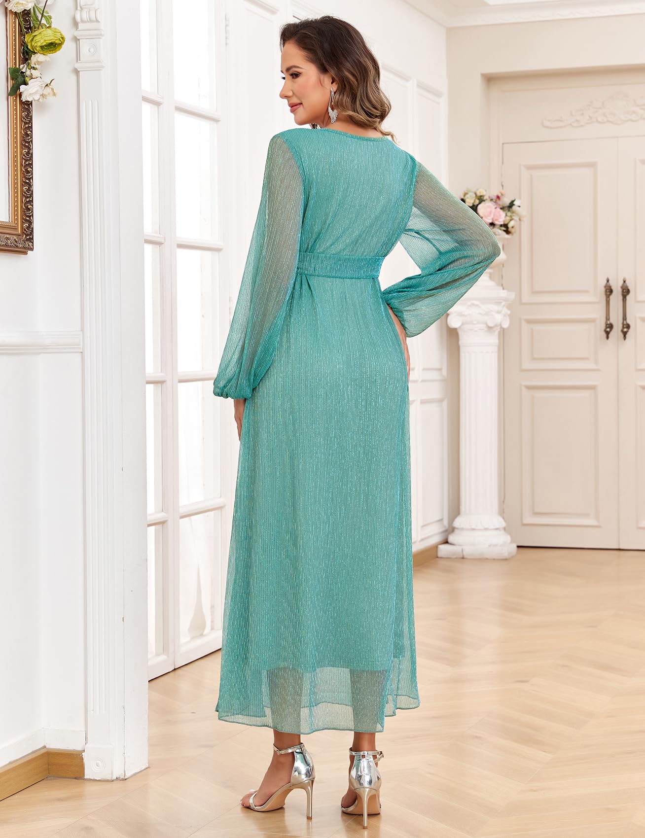 AISWI 2025 Umstandskleid mit glitzerndem Netzstoff, fließendes Maxikleid mit Gürtel, lange Ärmel, Schwangeres, langes Kleid, Babyparty, Fotoshooting, formell