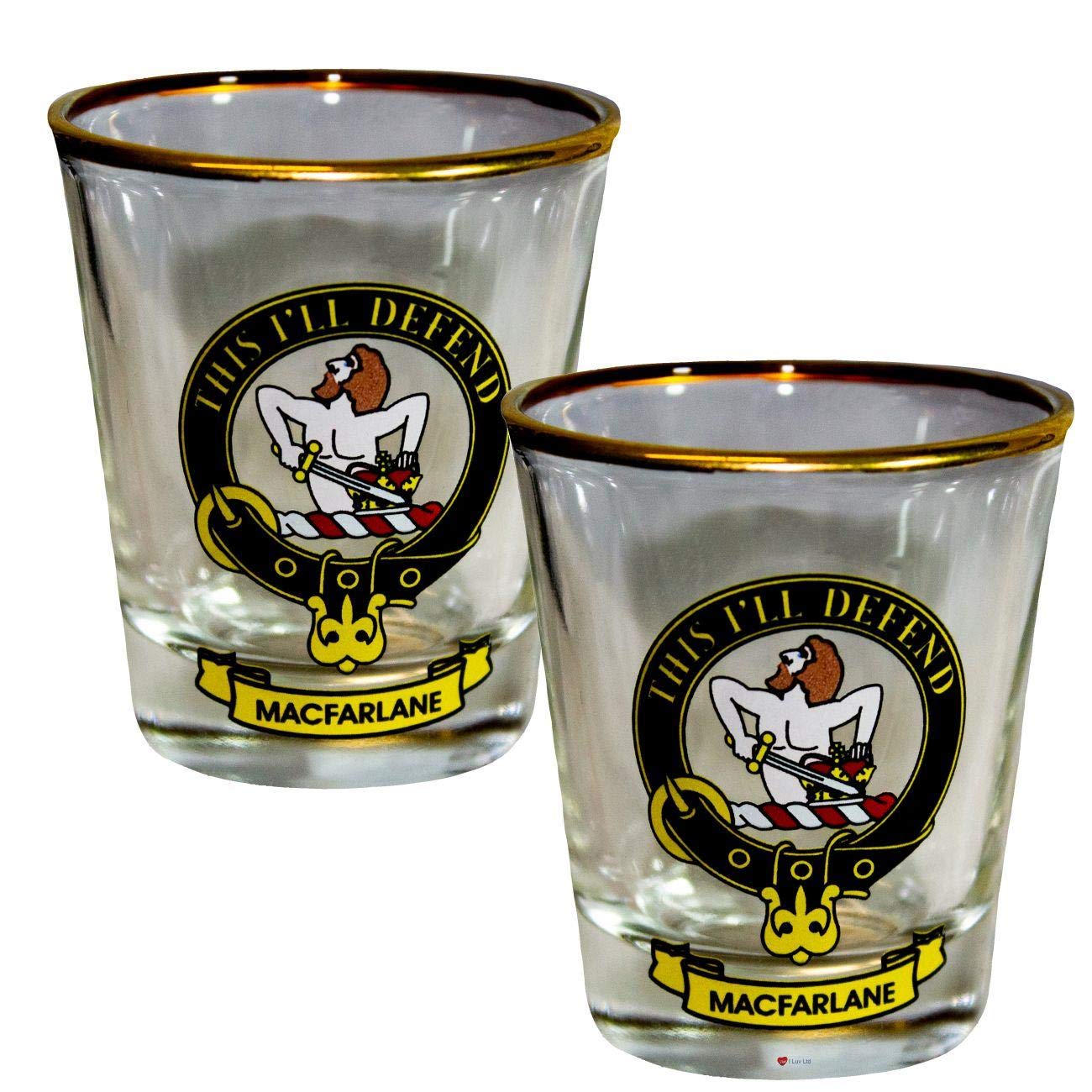 I LUV LTD Shot Glass Wee Dram MacFarlane Clan Crest Set of 2 Whisky Tots