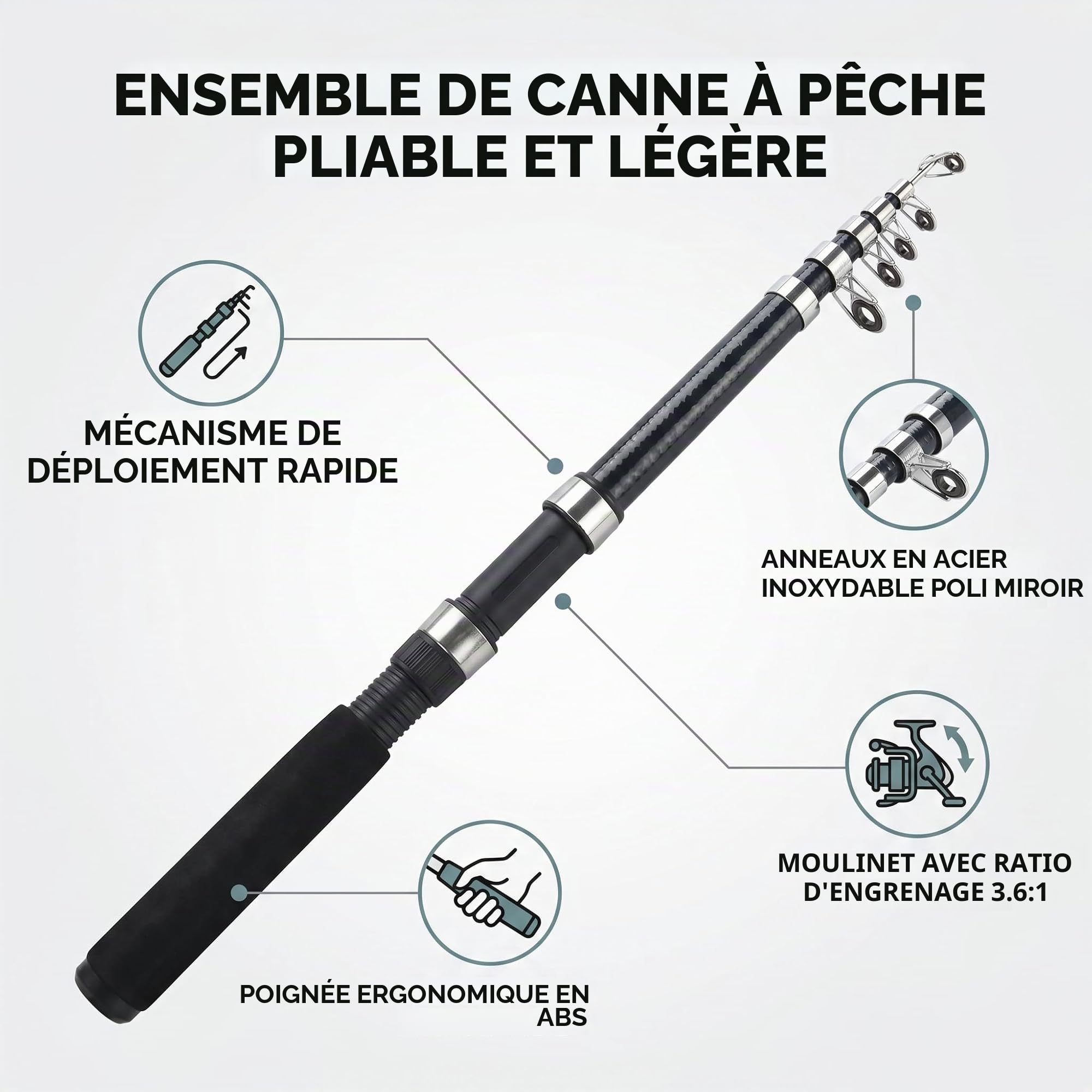 Canne à Pêche Légère Portable avec Moulinet Intégré pour Eau Douce, Mer, Plage et Lac