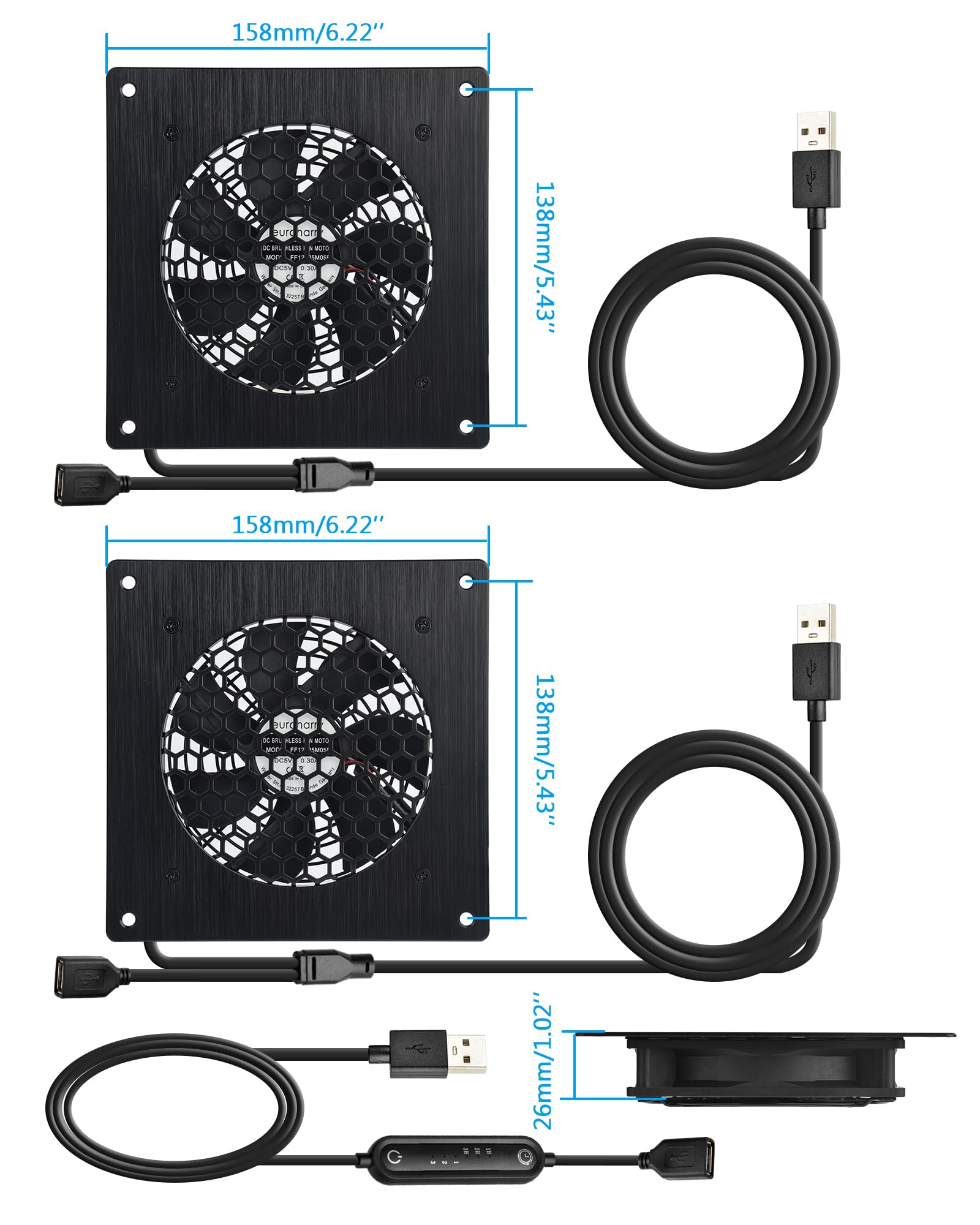 Cichy wentylator USB 120 mm, 6 prędkości nawiewu i kontroler Smart Timing, odporny na wilgoć silnika (IPX5), odporny na kurz, kompatybilny z szerokim napięciem 5-12 V (120 mm 2 w 1)