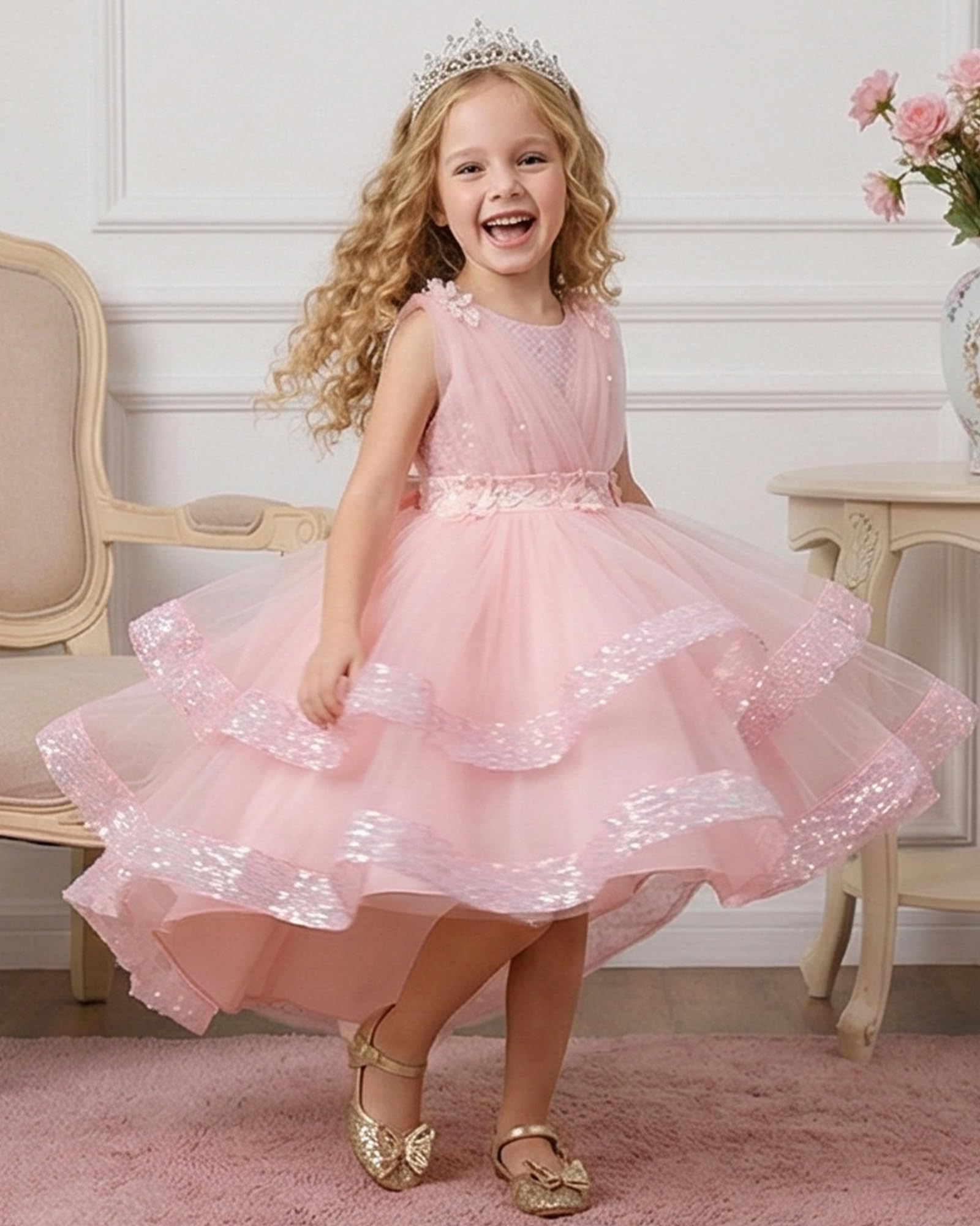 IBAKOM Abito da ragazza floreale elegante: abito estivo senza maniche in tulle, con paillette, abito da principessa per matrimonio, compleanno, festa