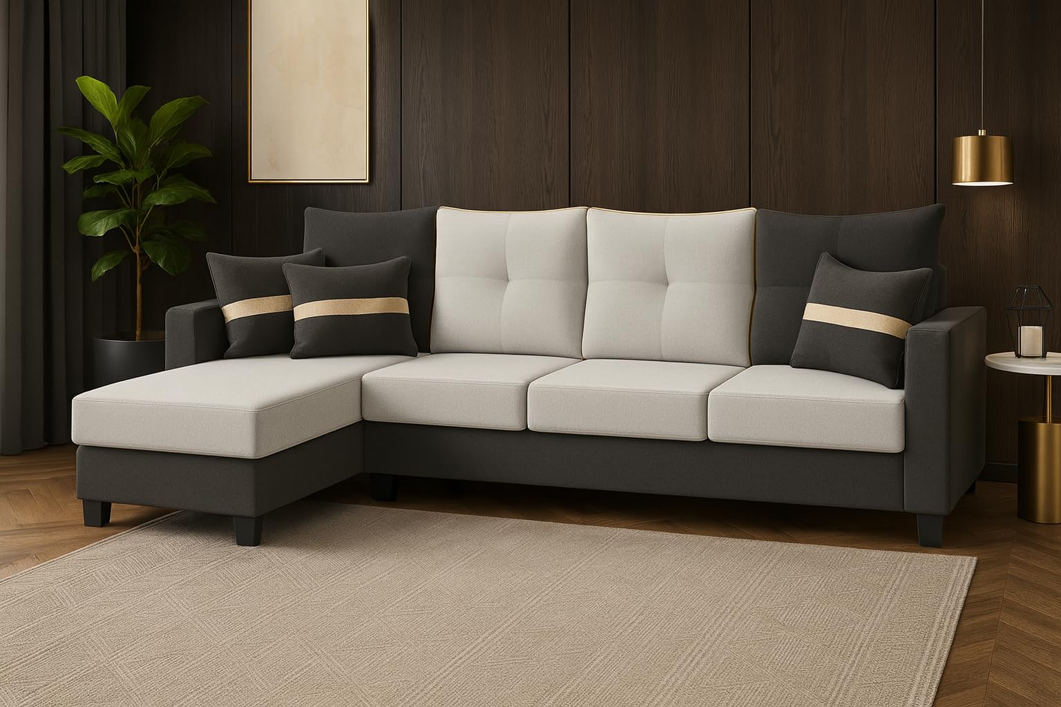 CASASTYLE Vogue 5 Seater Fabric LHS L Shape Sofa Set (Light Grey-Dark Grey) Velvet Finish | Comfortable Sectional Sofa for Living Room