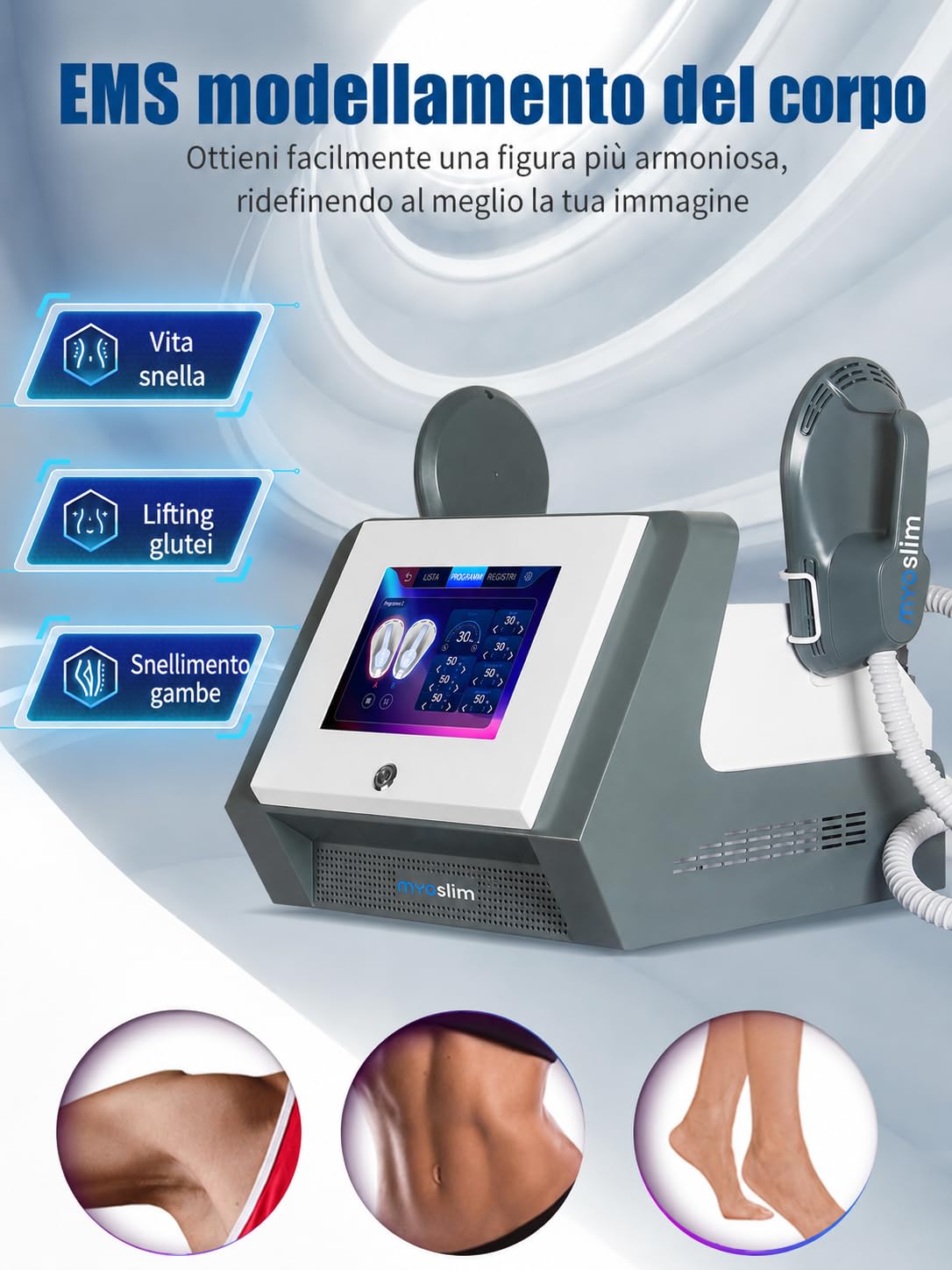 myoslim Macchina EMS Body Sculpt a 2 Manipoli, Dispositivo per Rimodellamento Estetico del Corpo, Elettrostimolazione Muscolare, Schermo Tattile, Uso Salone